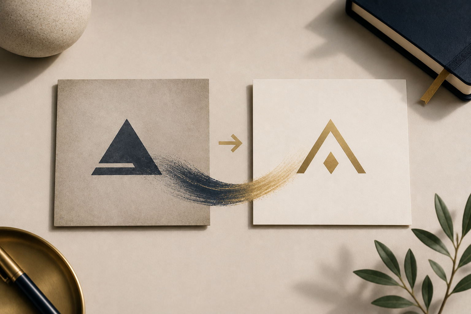 Comparison of two logo designs on paper with an arrow indicating change, on a beige desk with a notebook, pen, and plant.