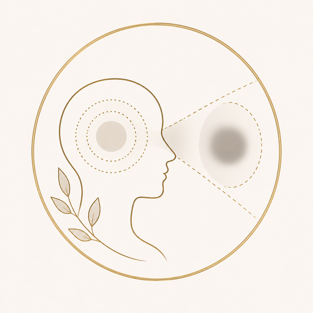 Minimalist illustration of a woman's profile with a focus on the eye and brain, featuring concentric circles and an abstract depiction of the mind, framed with a gold circular border and a small branch with leaves.