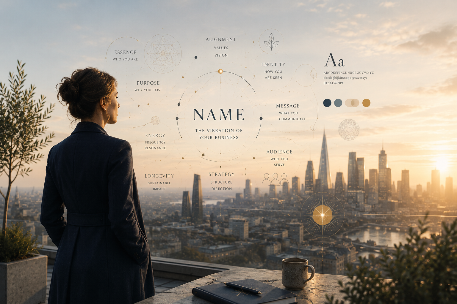 Businesswoman standing on a rooftop overlooking a city skyline during sunset with digital interface elements related to branding and strategy projected in front of her.