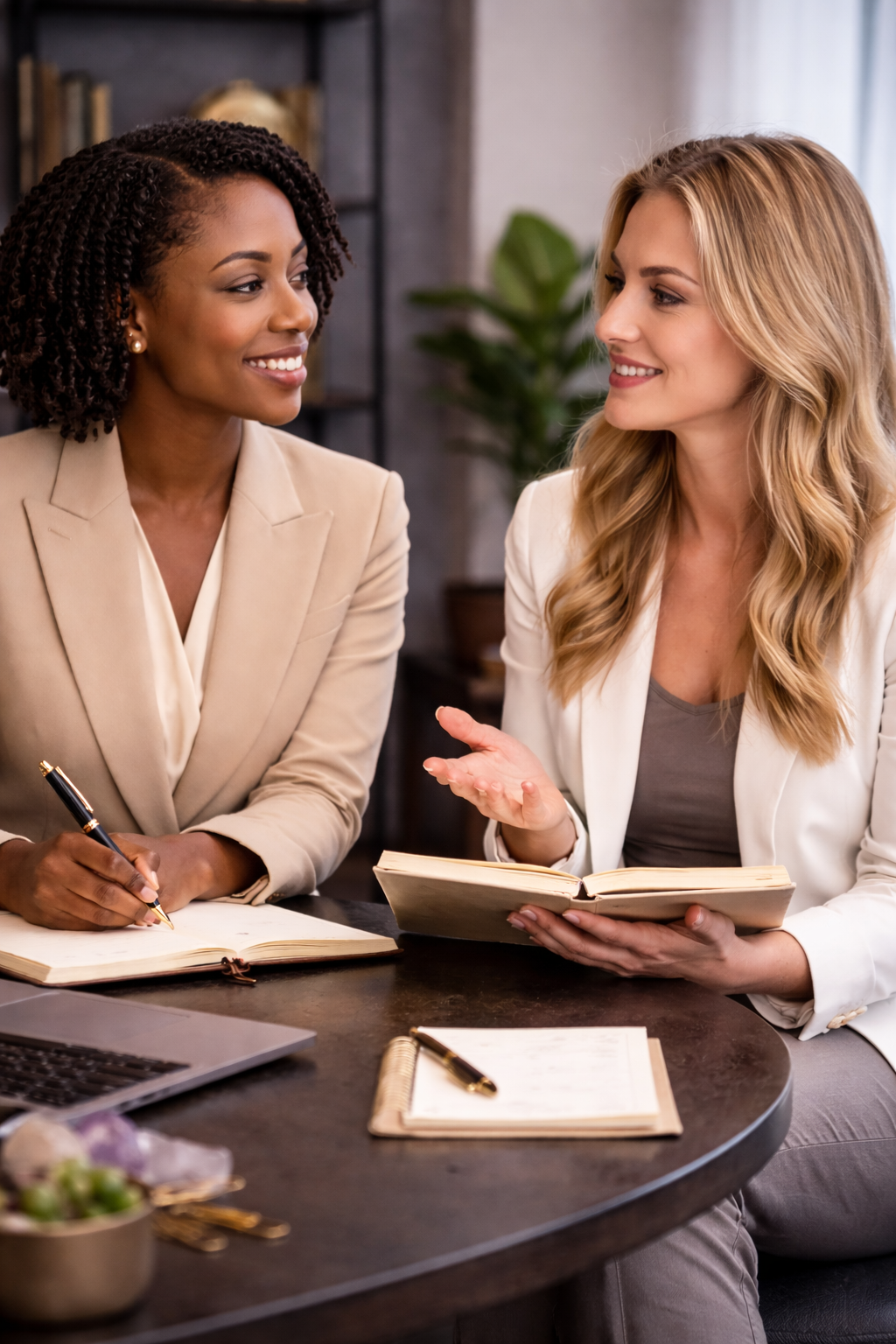 Two women in business wear engaged in a discussion at a table with notebooks and a laptop.