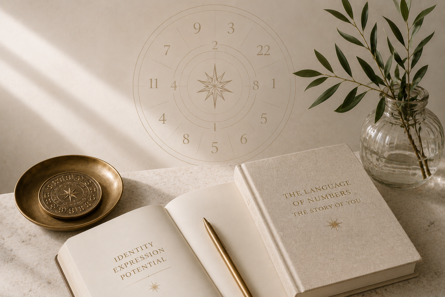 Open books with titles 'Identity Expression Potential' and 'The Language of Numbers The Story of You' on a table, a gold pen, a decorative brass plate with a number wheel, and a clear glass vase with green leafy branches. A clock face or diagram is faintly visible on the background wall.