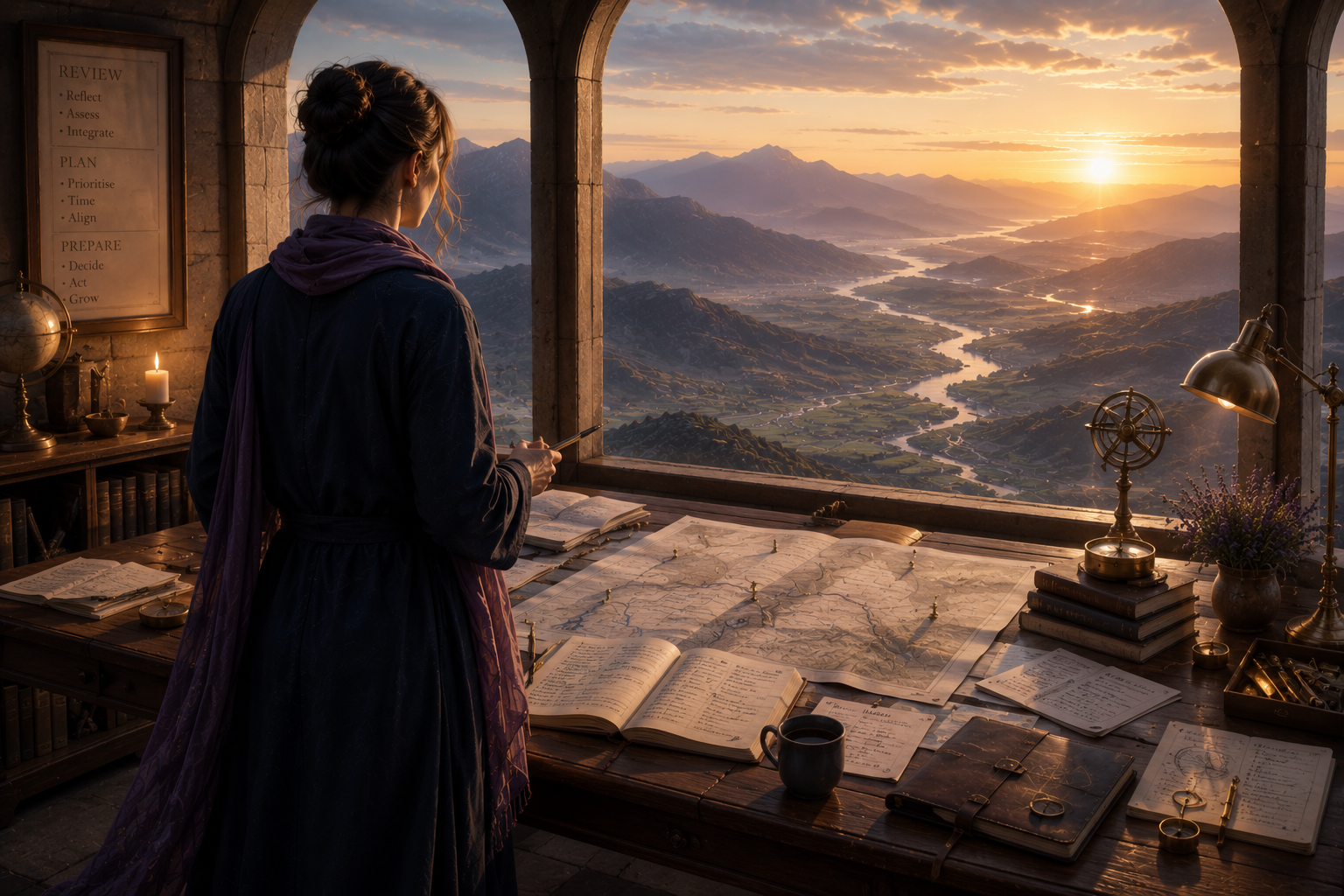A woman in a dark dress and purple scarf stands in an observatory or tower room, looking out of an arched window at a sunrise over a mountainous landscape with rivers. The room has desks with open books, maps, a globe, a candle, a cup of coffee, and vintage scientific instruments, all illuminated by warm sunlight.