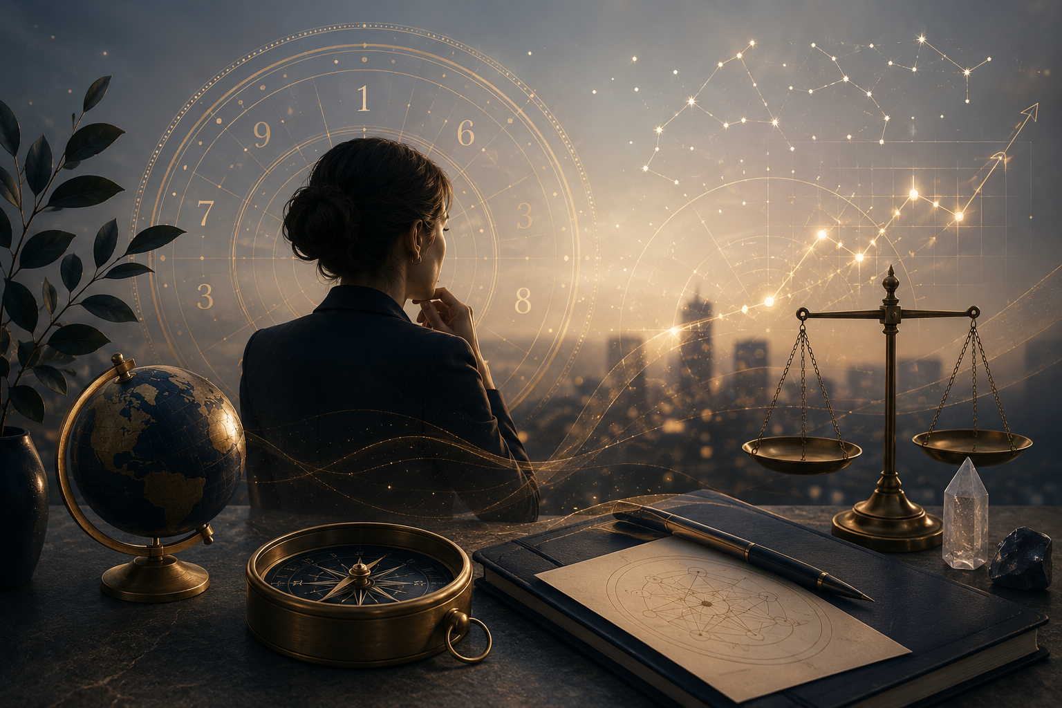 A woman in a suit sits at a desk with a globe, a compass, a scale, a notebook, and a pen, contemplating a cosmic and cityscape view with celestial charts and constellations overlaying a sunset background.