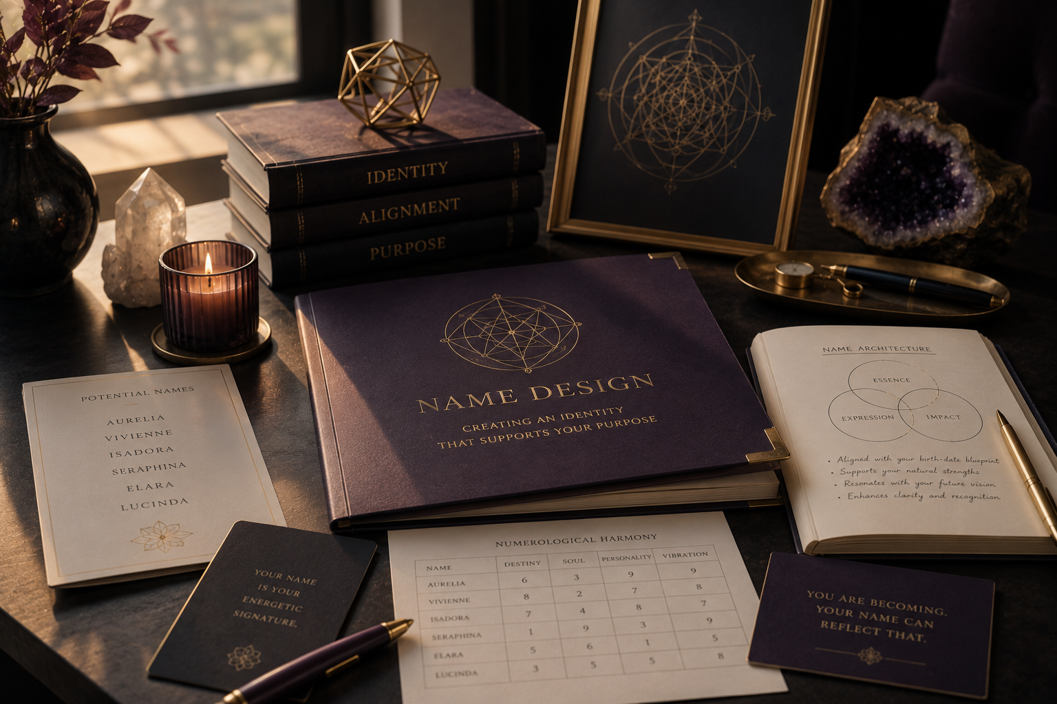 A desk with books titled 'Identity,' 'Alignment,' and 'Purpose,' a large book titled 'Name Design,' a framed geometric design, a purple geode, candle, crystals, and papers with charts and potential names, along with a pen and small jewelry tray.
