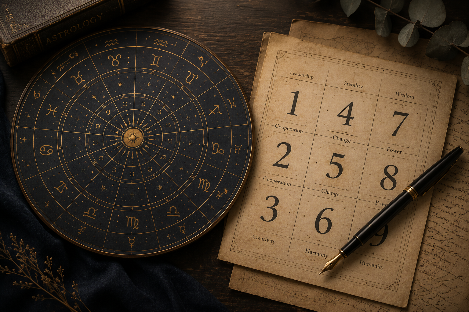 A mystical astrology chart in circle with zodiac signs, an aged paper with numbers and traits like leadership, stability, wisdom, etc., and a black fountain pen on a wooden surface.