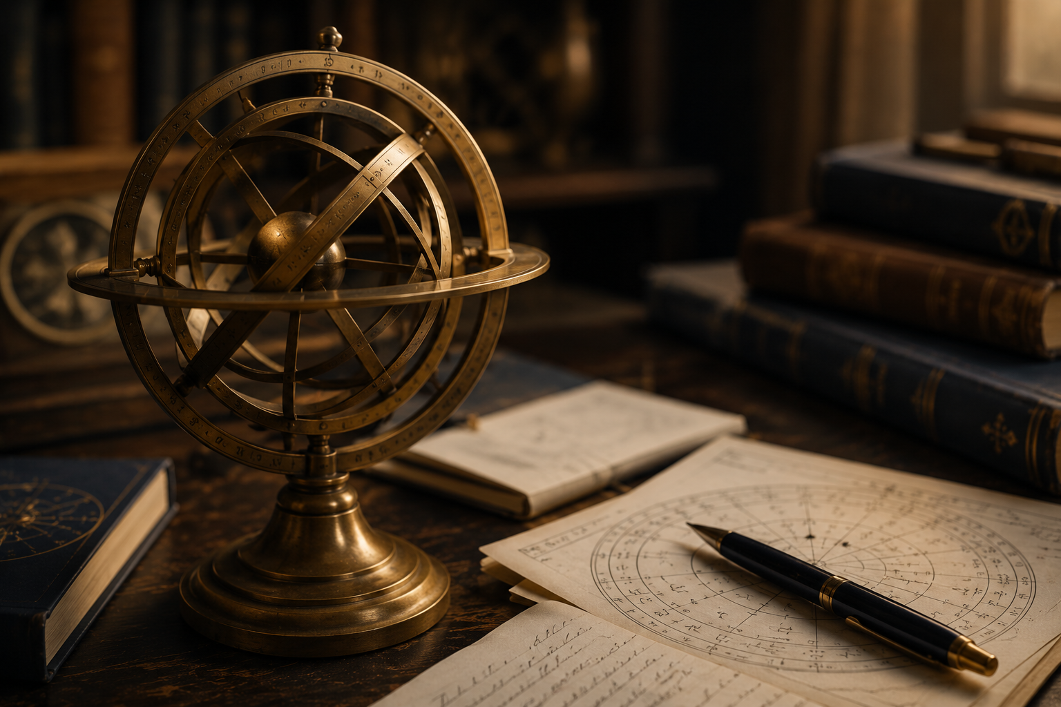 A vintage brass armillary sphere on a wooden desk, surrounded by old books, handwritten notes, and a dark pen, with a warm, ambient light in a study or library setting.