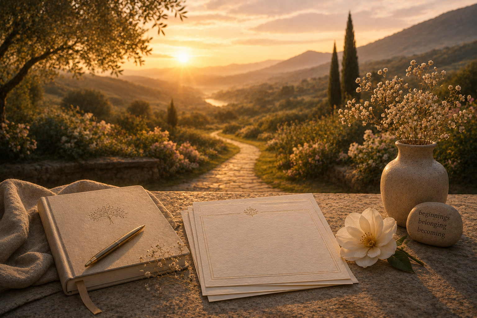 Sunset over a scenic landscape with a stone pathway, mountains, trees, and flowers, viewed from a table with a notebook, pen, papers, flower, and a vase.