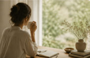 A woman sitting at a desk looking out a window with trees outside, a notebook and a potted plant on the desk