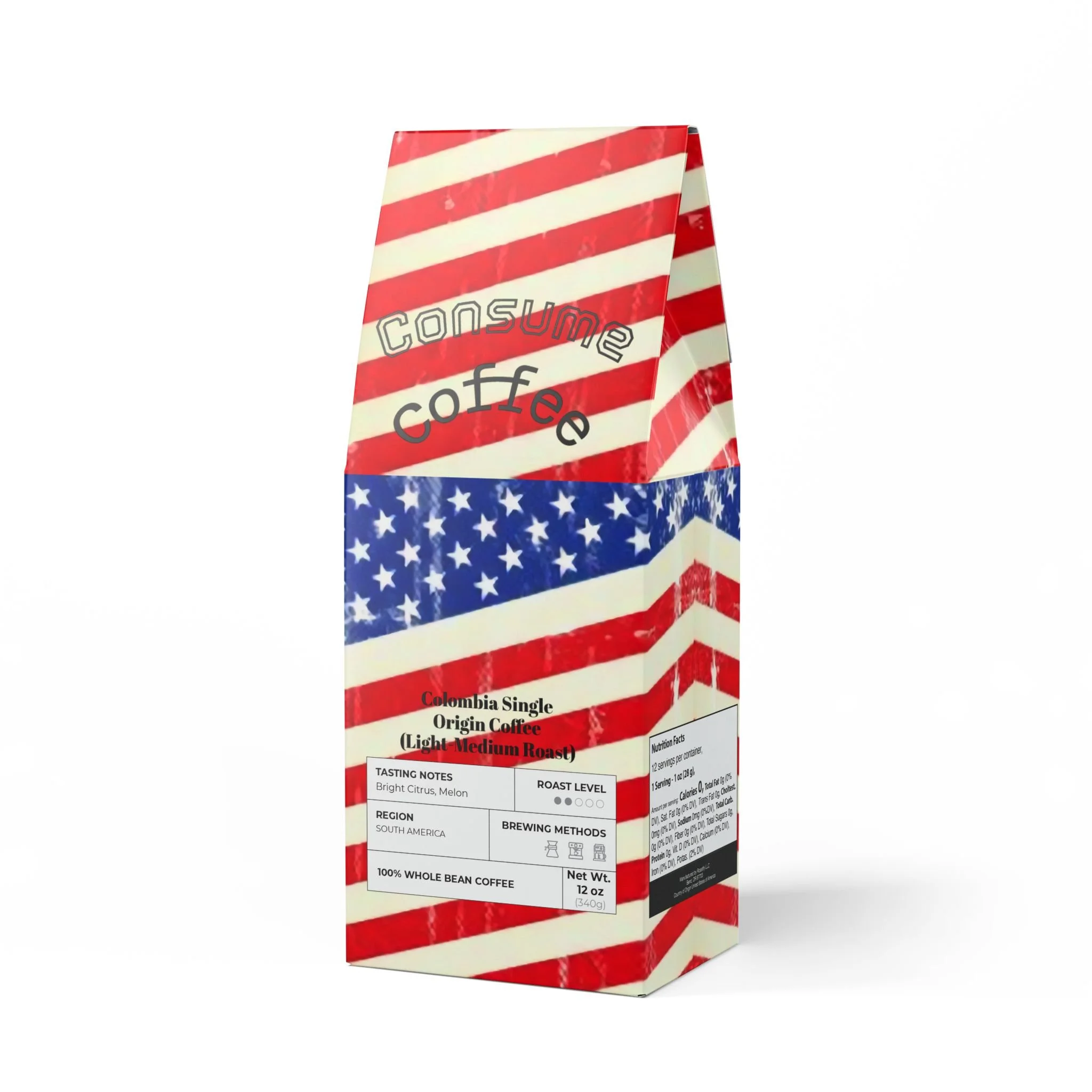 A 12-ounce bag of Colombia Single Origin Coffee with an American flag design