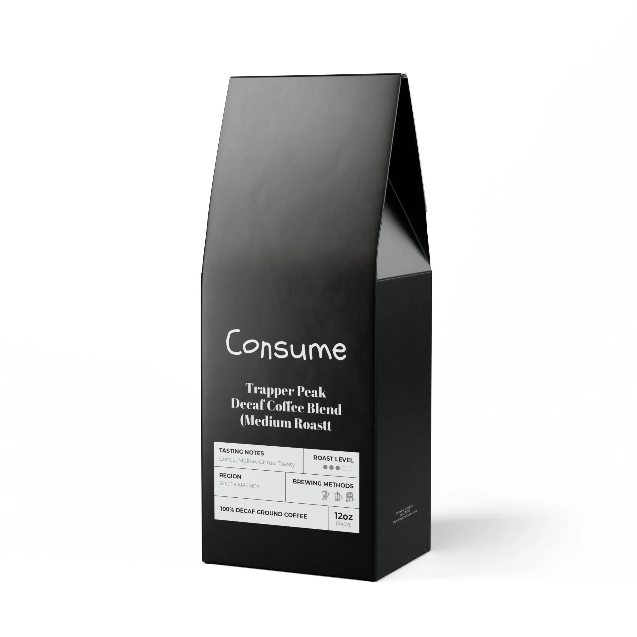 Black coffee bag labeled 'Consume, Trapper Peak Decaf Coffee Blend, Medium Roast, 12oz' against white background.