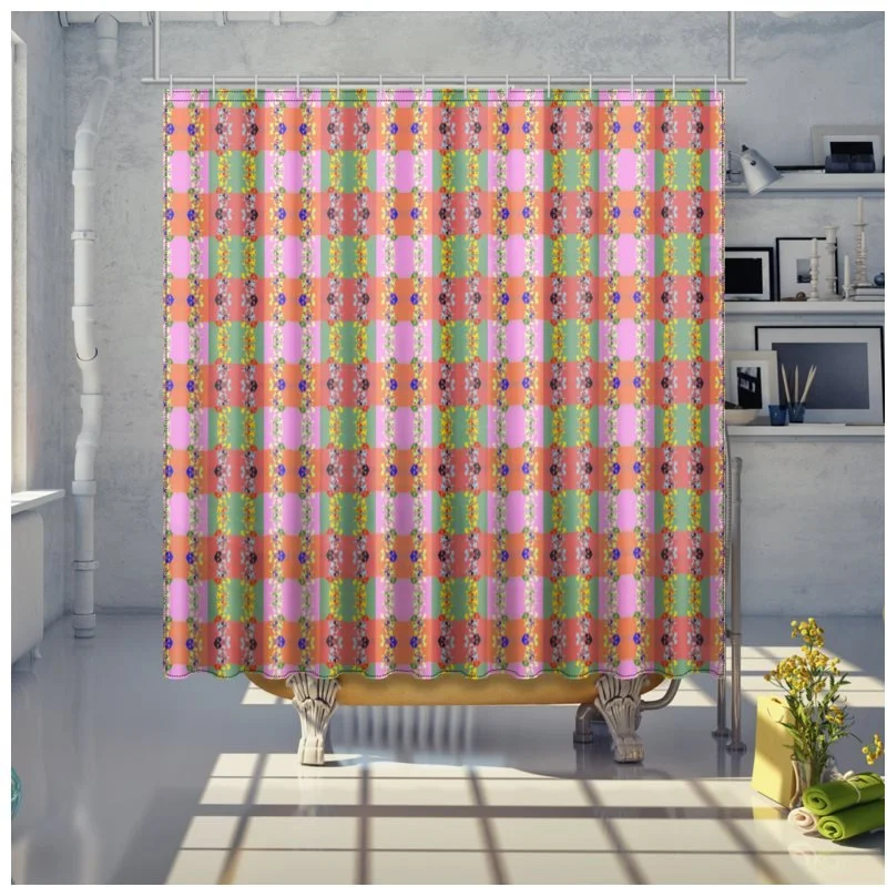 Colorful floral-patterned shower curtain in a modern bathroom with sunlight and minimal decor.