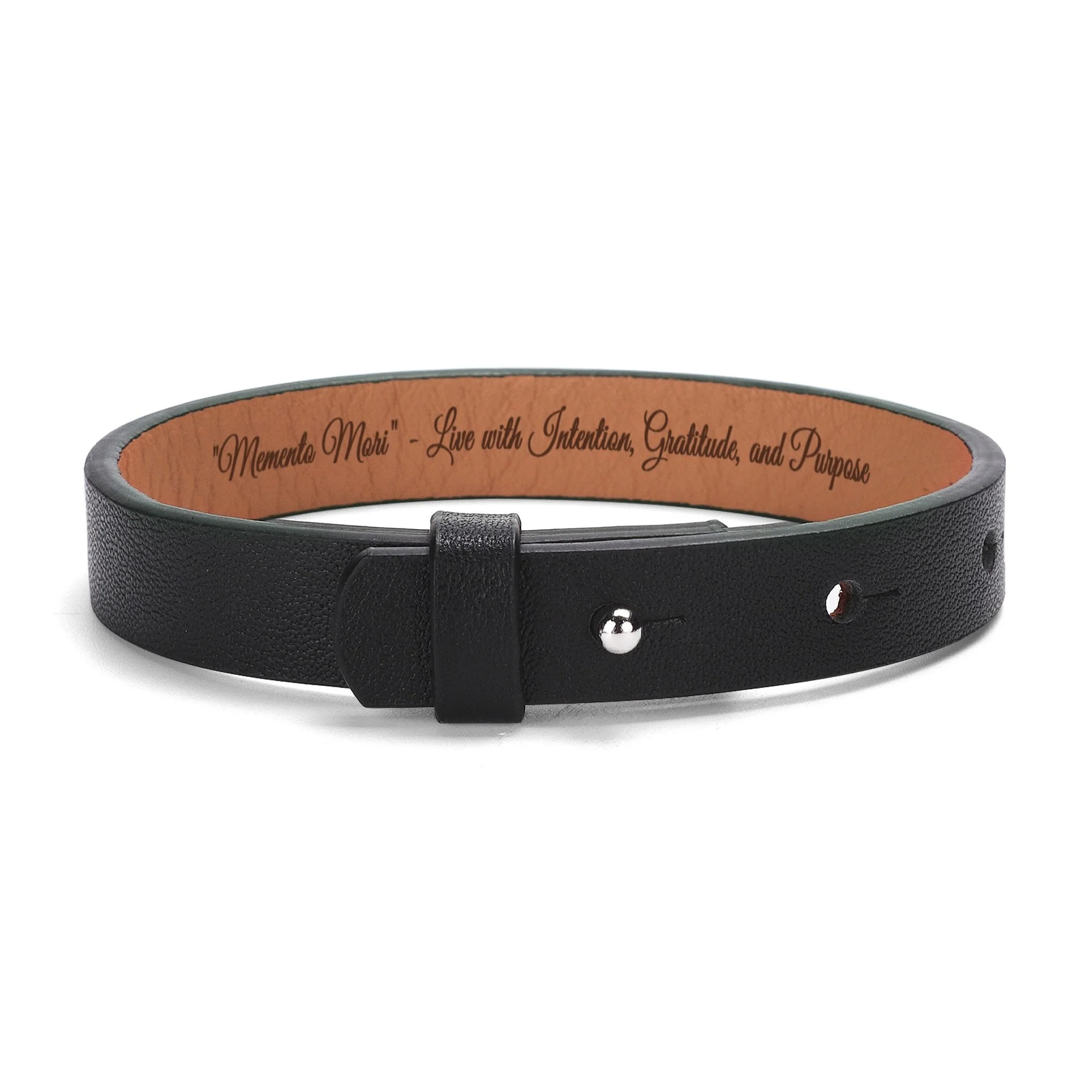 Engraved Black Leather Bracelet - "Momento Mori" - Live with Intention, Gratitude, and Purpose