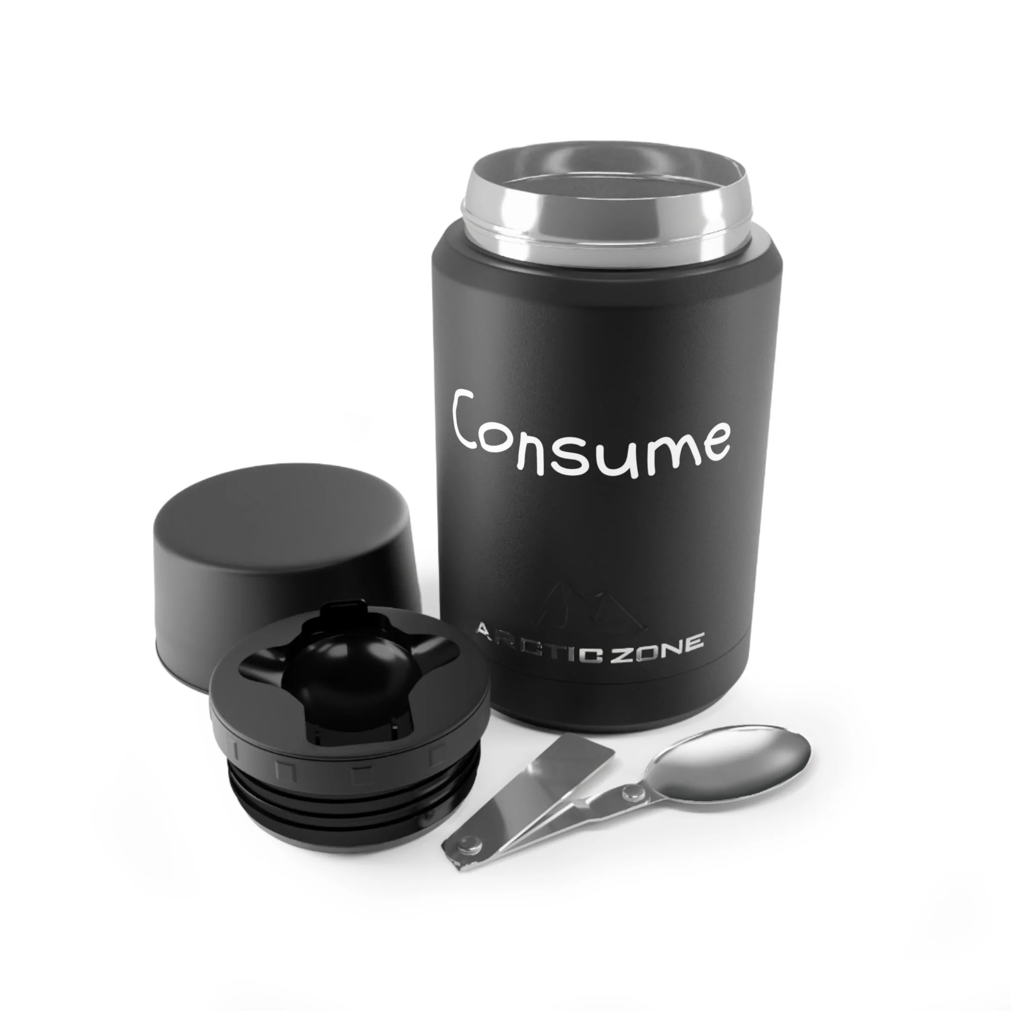 A black travel mug labeled 'Consume' with a lid, a metal spoon, a small jar, and a metal tool, all arranged on a white surface.