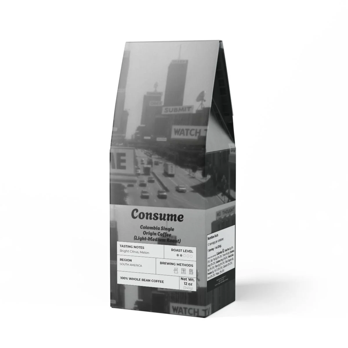 A black-and-white coffee bag labeled 'Consume,' with details about Colombia Single origin coffee, light-medium roast, from South America, with tasting notes of bright citrus and melon, net weight 12 oz.