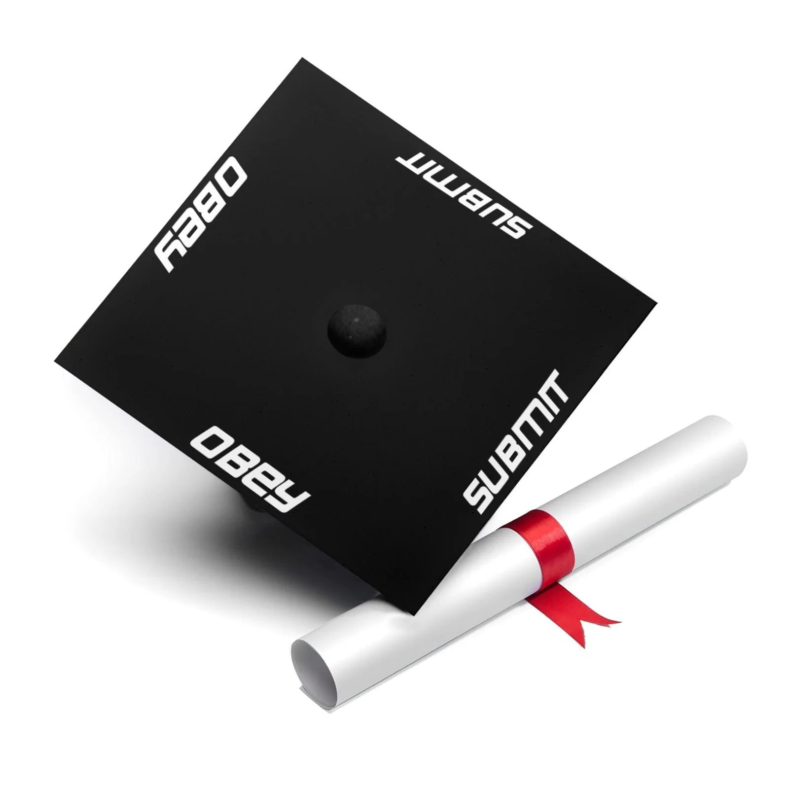 Black cube with white text and a black sphere on top, alongside a white rolled-up certificate with a red ribbon.