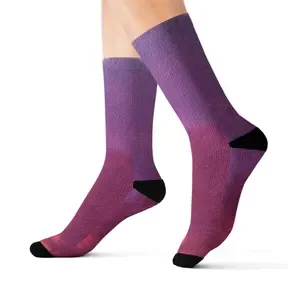 A person wearing purple and black knee-high socks.