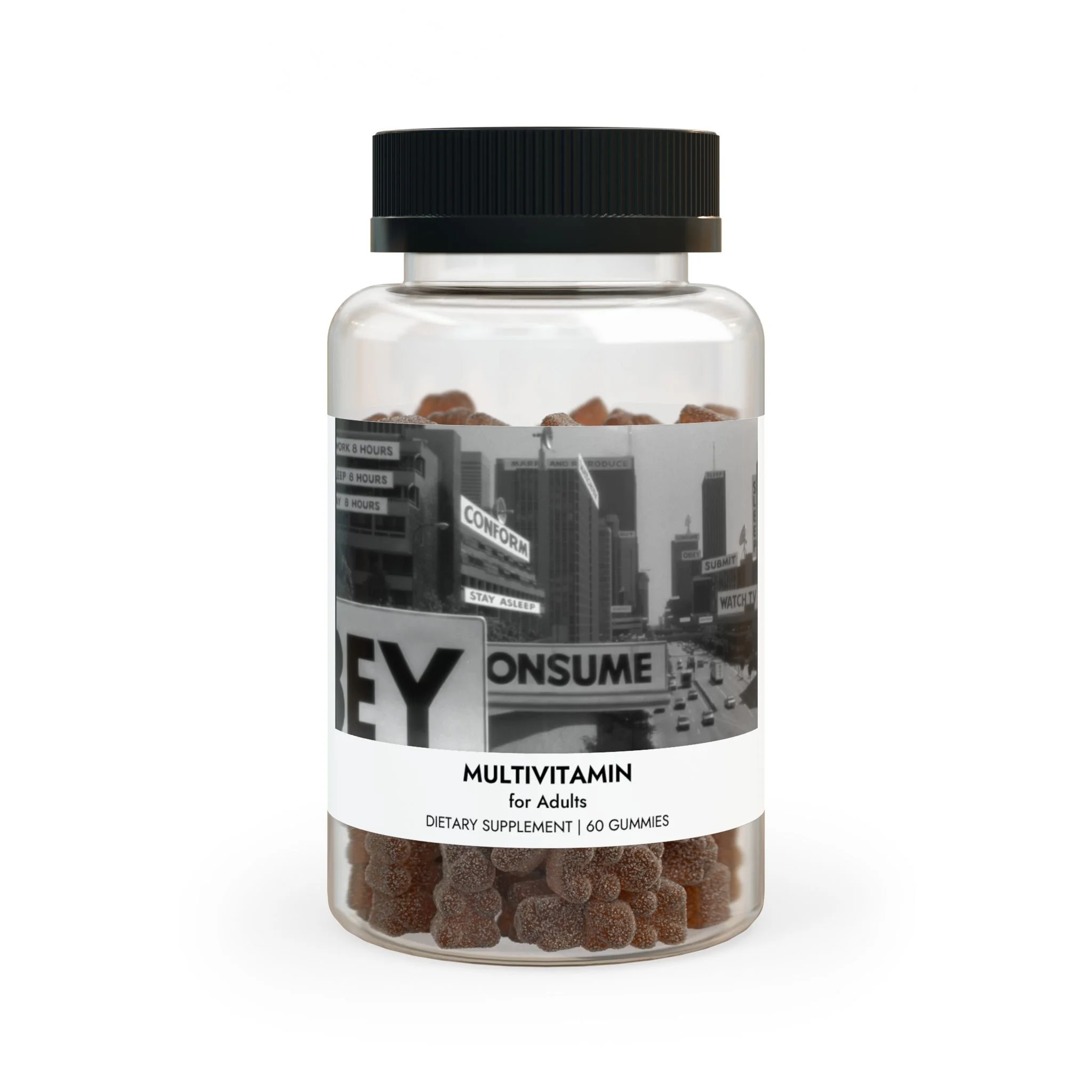 Bottle of multivitamin gummies for adults with a black cap and a black-and-white cityscape label showing signs and billboards.