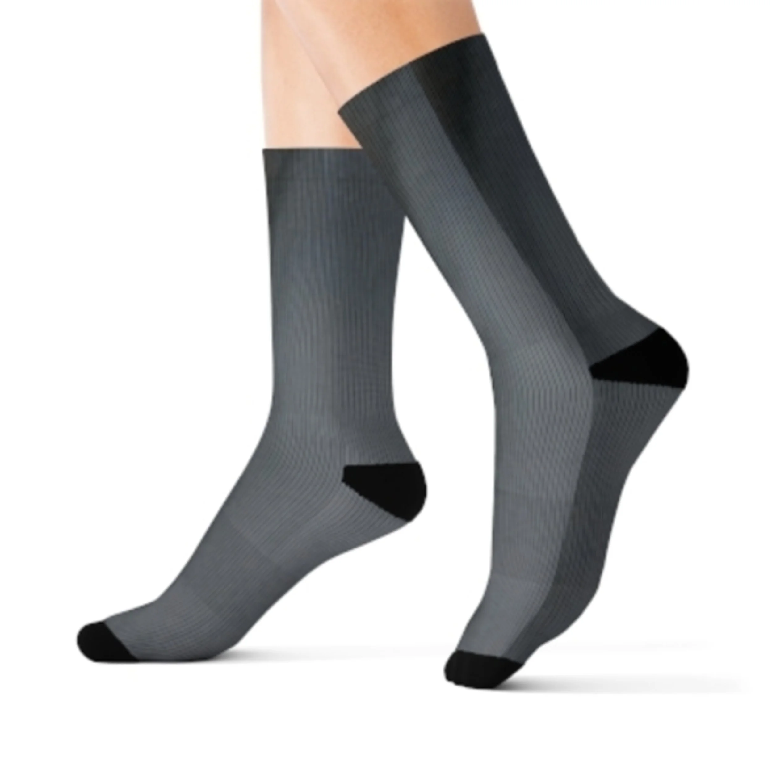 A pair of gray knee-high socks with black toe and heel sections, modeled on a person.