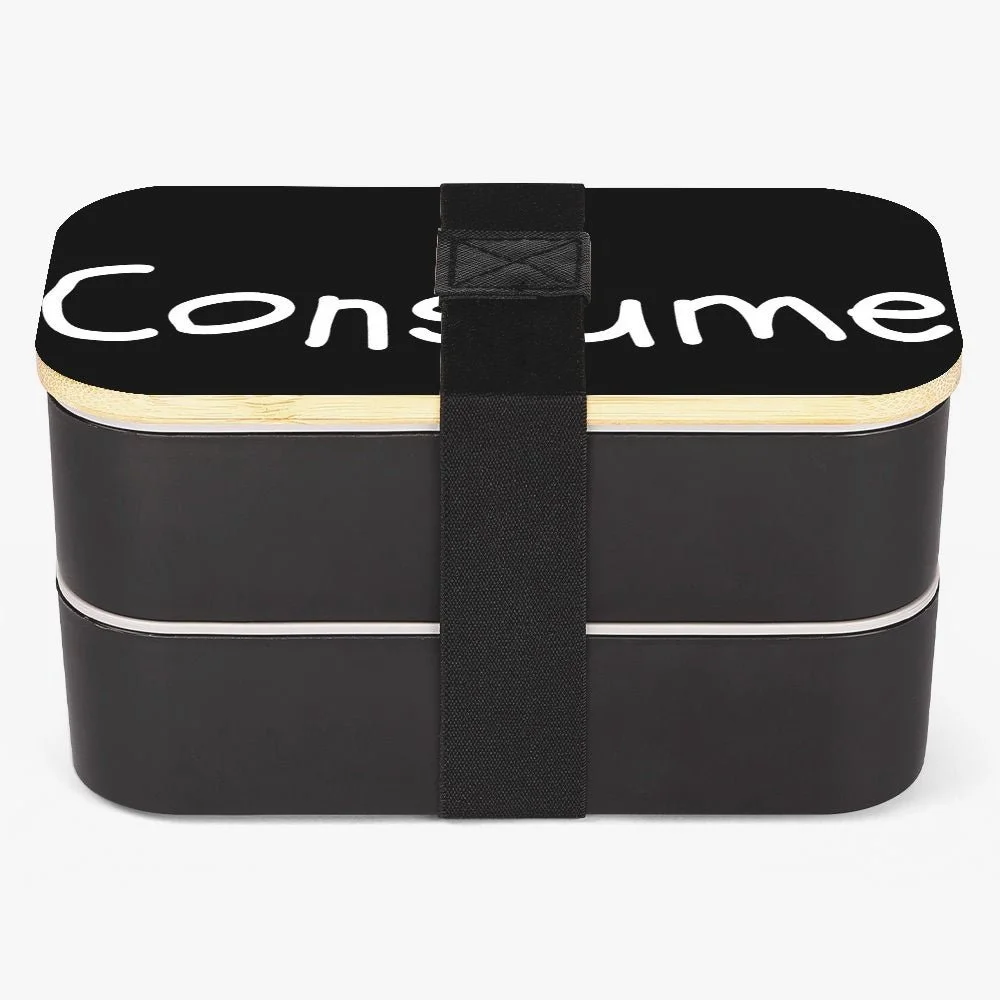 A black rectangular bento box with a strap around it, labeled with the word 'Consume' on the lid.