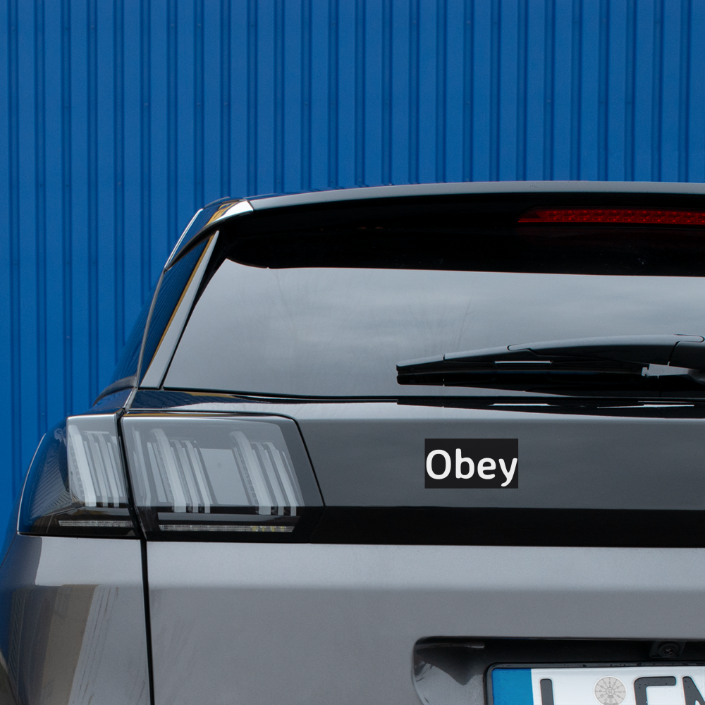 The back of a silver vehicle with a black and white 'Obey' sticker on the rear window, parked in front of a blue corrugated metal wall.