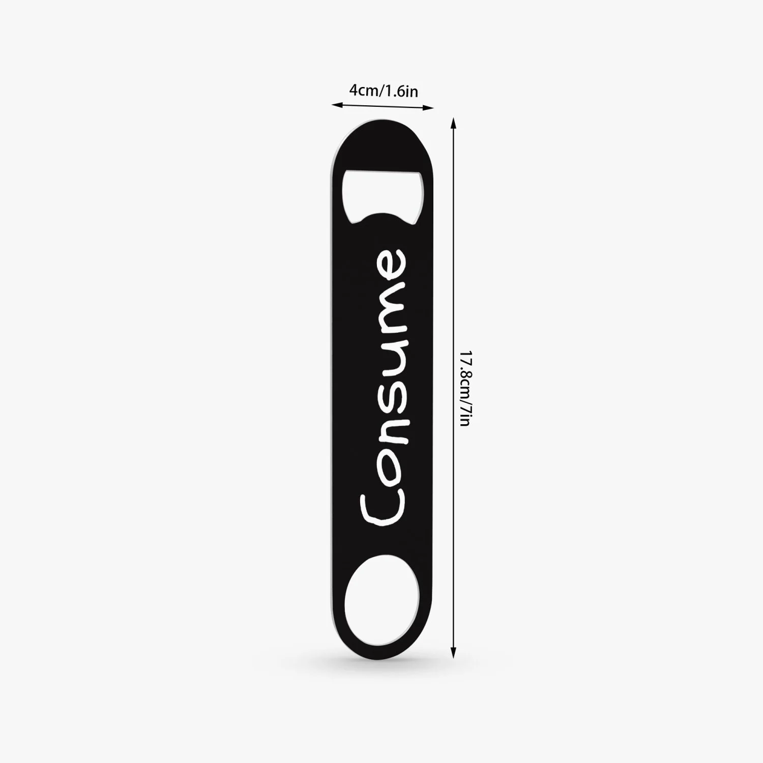Black bottle opener with the word 'Consume' written in white, arranged vertically, and dial measurements indicating it is 17.8 cm or 7 inches tall.