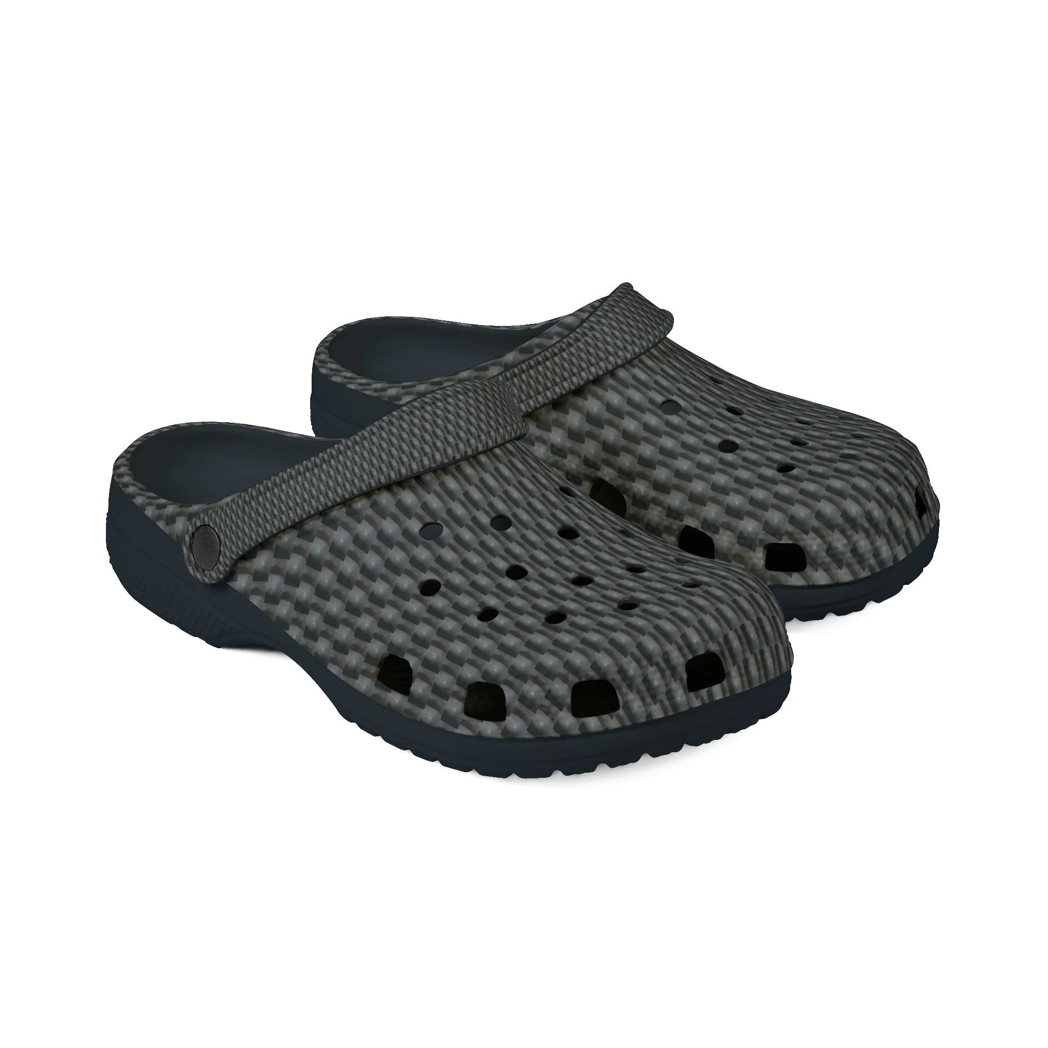 Black and gray woven pattern slip-on clogs with adjustable strap and perforations for breathability.