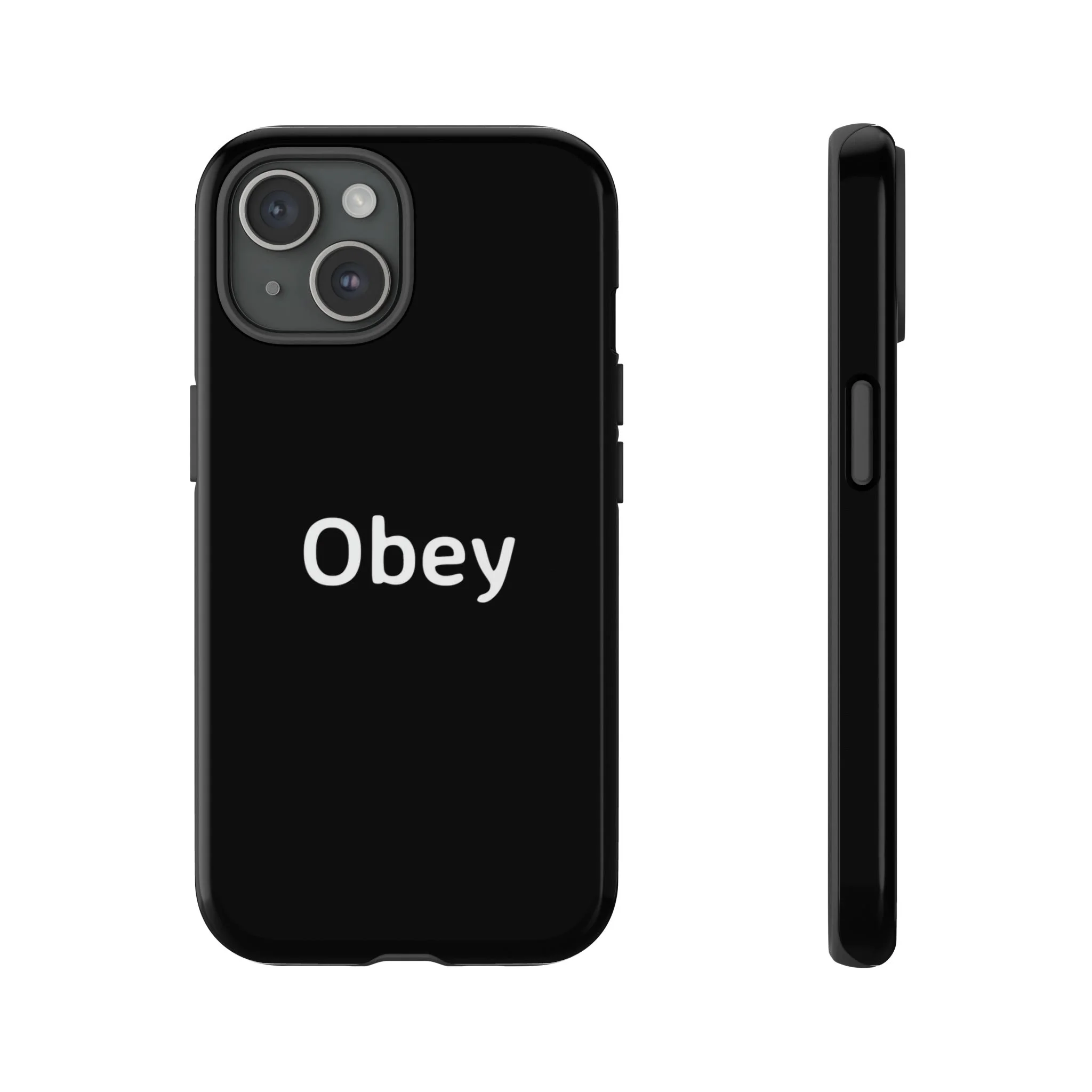 Black smartphone with the word 'Obey' in white on the back, shown from front and side views.