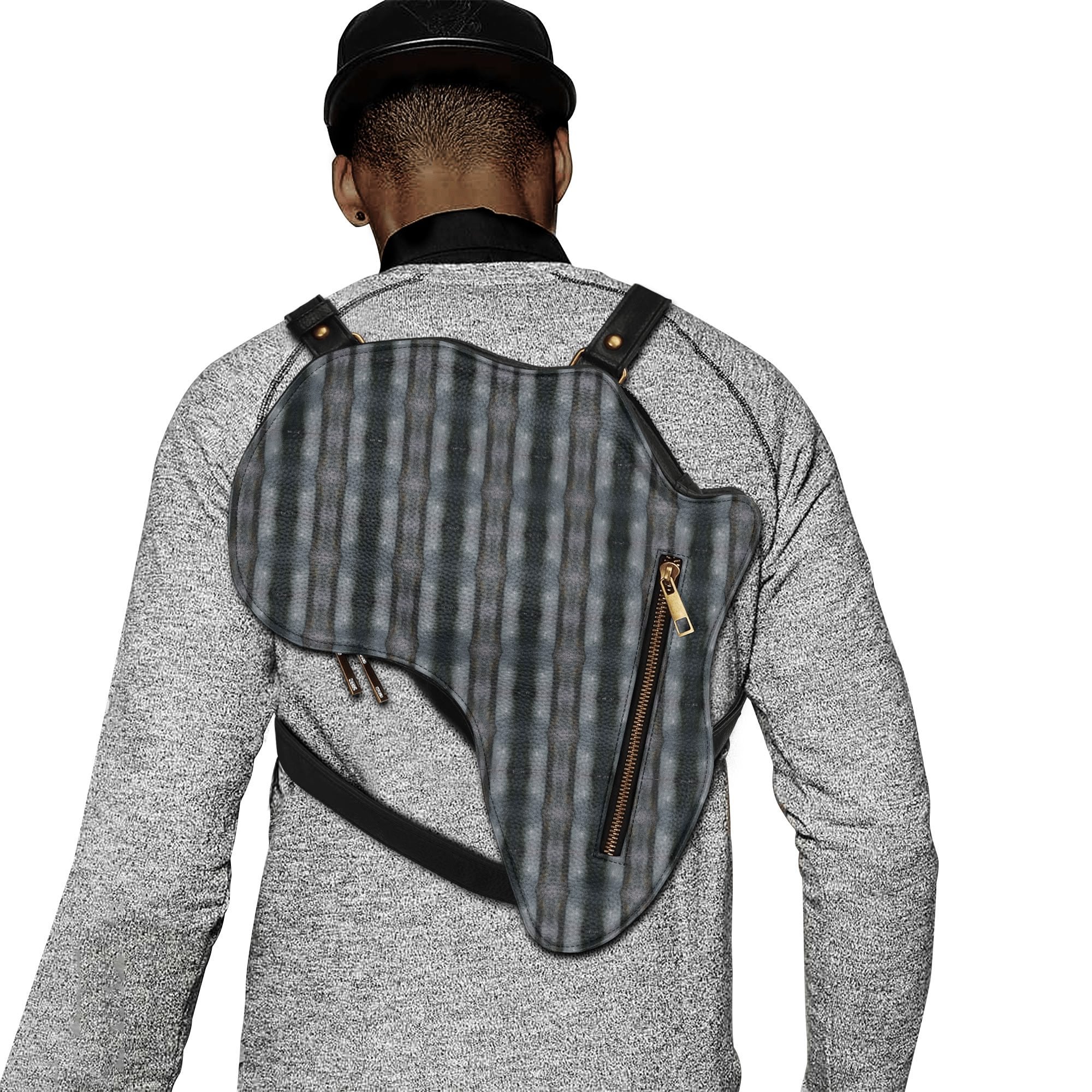 Person wearing a gray textured jacket with a black and gray pattern backpack on their back, viewed from behind.