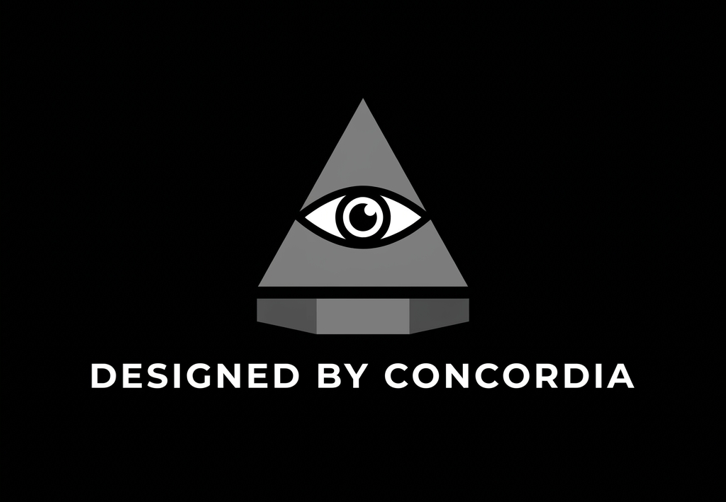 A black background with a triangular shape featuring an eye in the center and the text "DESIGNED BY CONCORDIA" below.