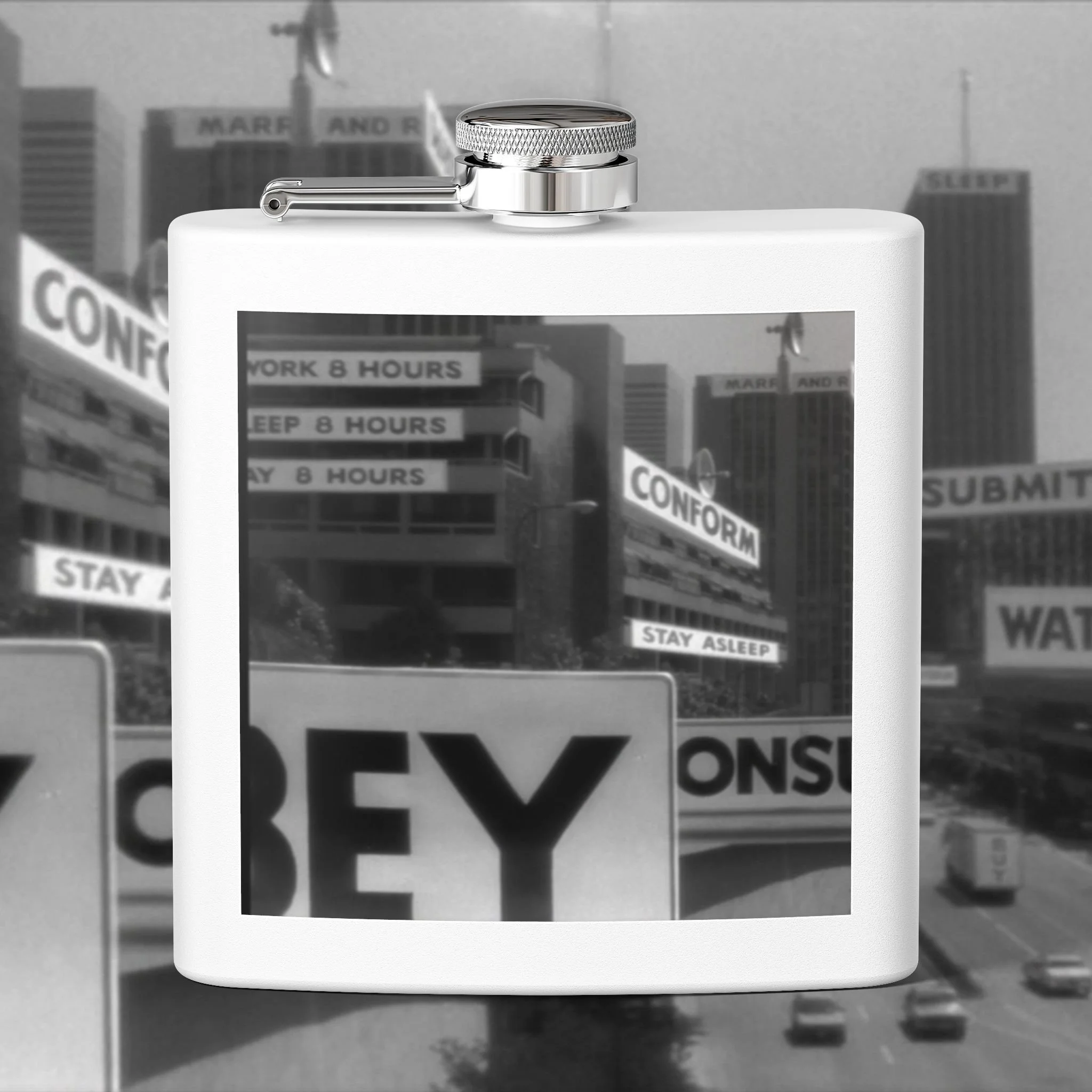 A white flask with a landscape image of city buildings and street signs on it, showing signs with messages like 'WORK 8 HOURS,' 'SLEEP 8 HOURS,' 'STAY ASLEEP,' and the word 'CONFORM' on billboards in a city skyline.