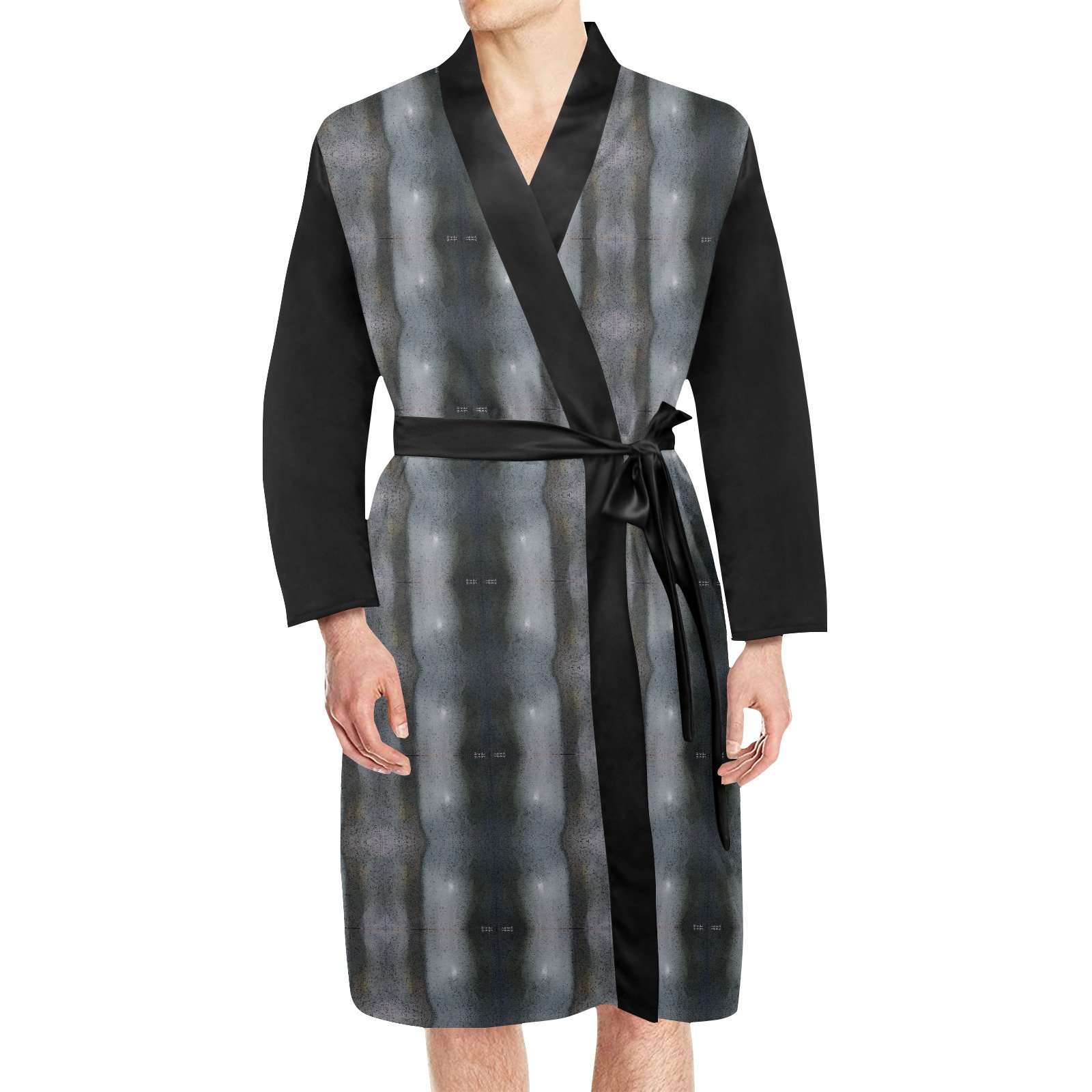 Man wearing a long, patterned kimono-style robe with black trim and belt.