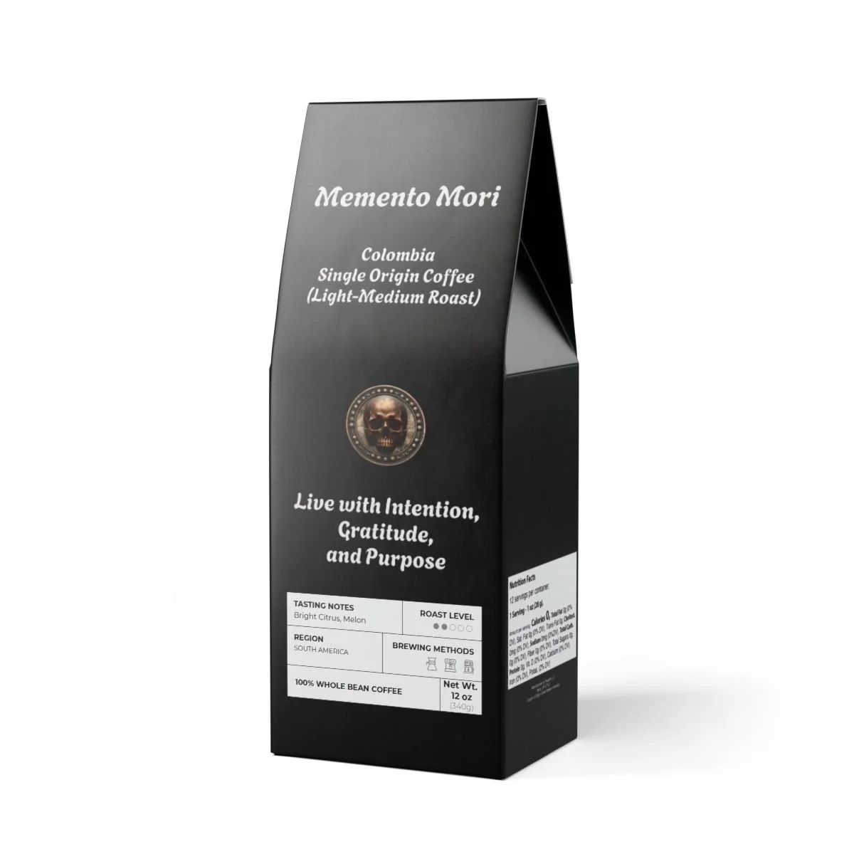 Black coffee bag labeled Memento Mori Colombia single origin coffee, light-medium roast with a skull emblem, emphasizing living with intention, gratitude, and purpose.