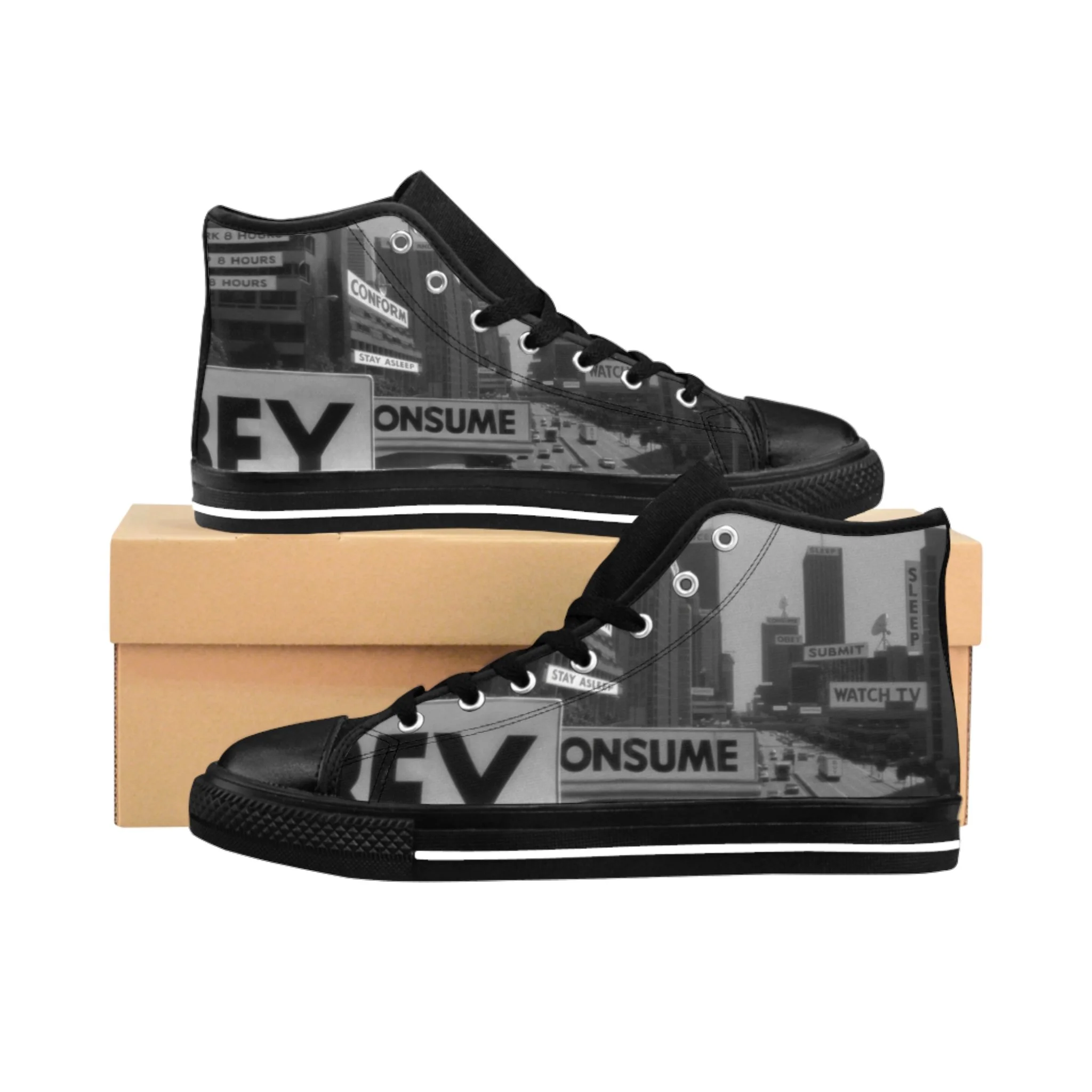 Black high-top sneakers with a cityscape and protest graphics, placed on top of a cardboard box.