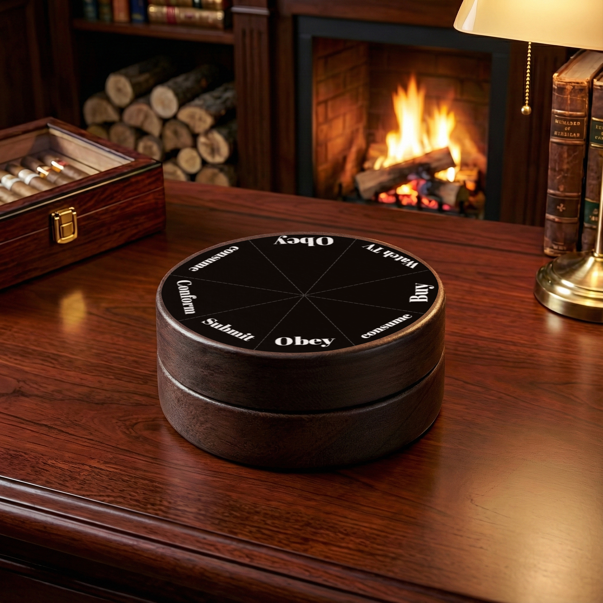 A wooden tabletop with a circular black trivia game pad with options like 'Buy', 'Consume', 'Obey', 'Subdue', 'Confuse', and 'Odpy', in front of a fireplace with burning logs and a background of stacked firewood, with a brass lamp and a box of cigars