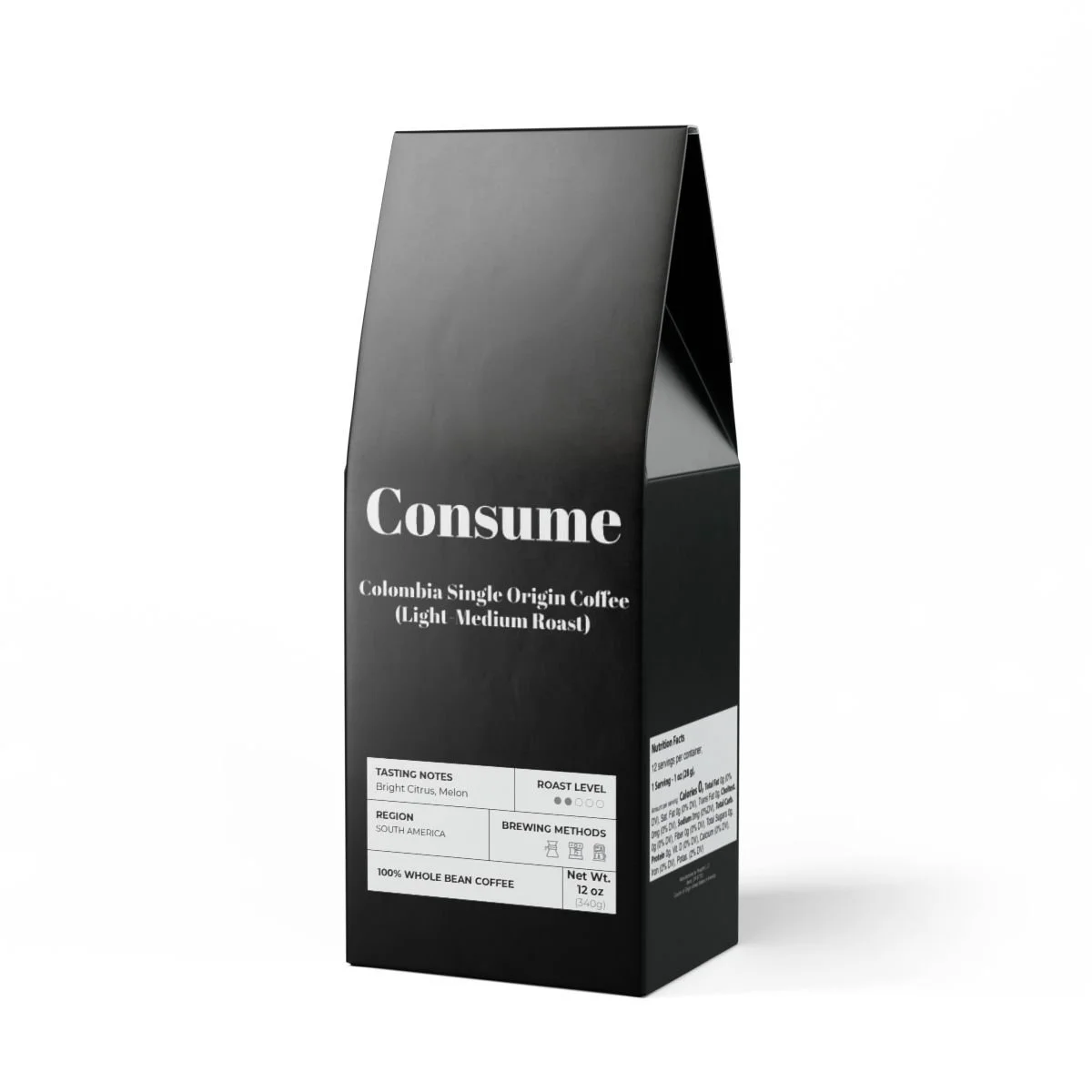 Black coffee packaging box labeled 'Consume' with details about Colombian single origin coffee, light medium roast, tasting notes of citrus and melon, from South America, 100% whole bean, 12 oz net weight.