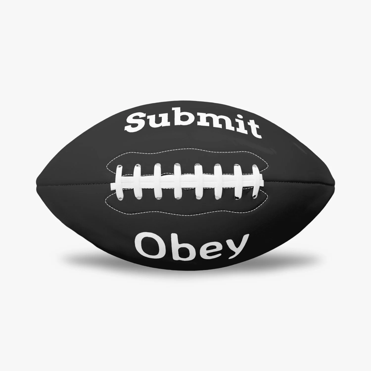 A black football shaped object with white laces and text that reads 'Submit' on the top and 'Obey' on the bottom.