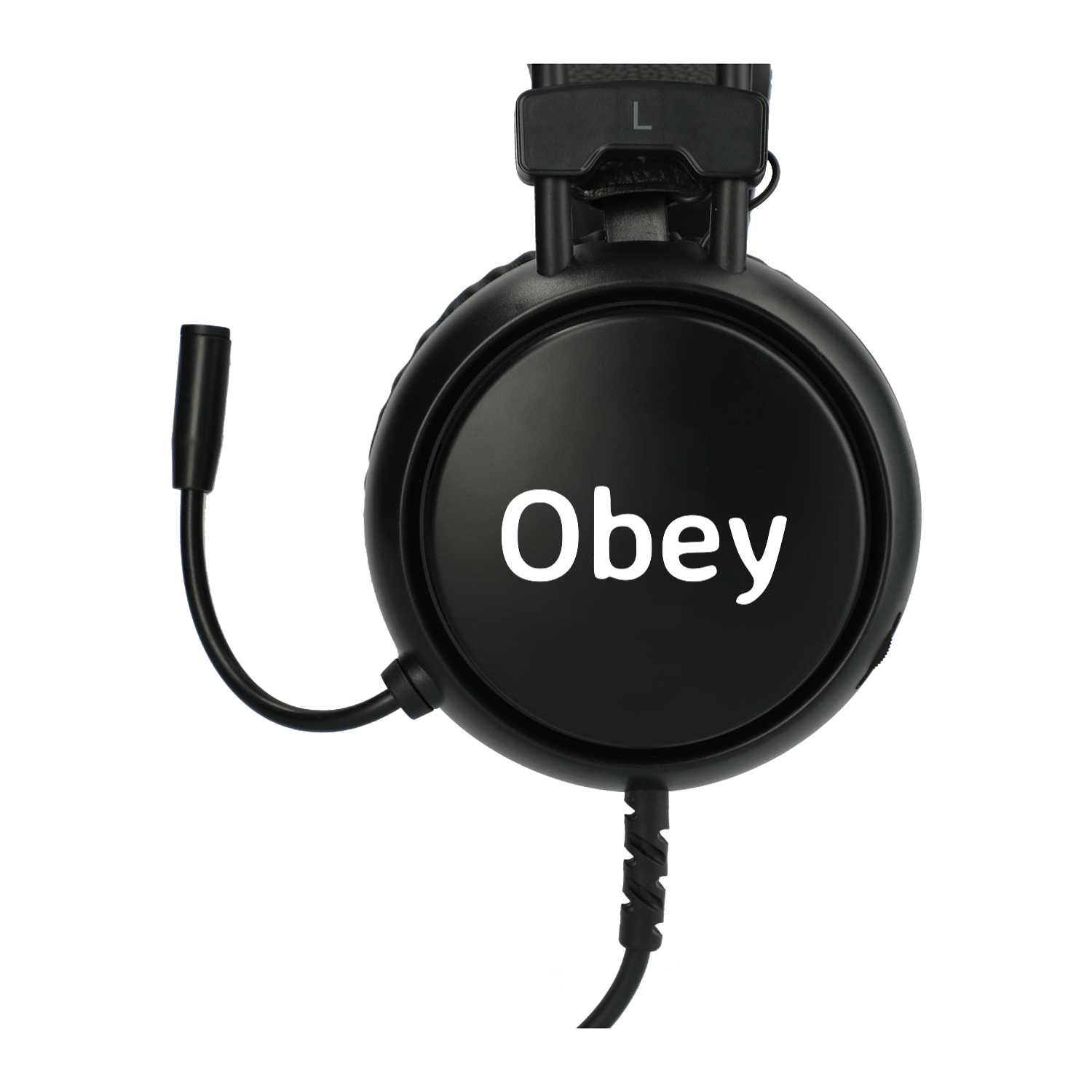Headphones with the word "Obey" on the earcup.