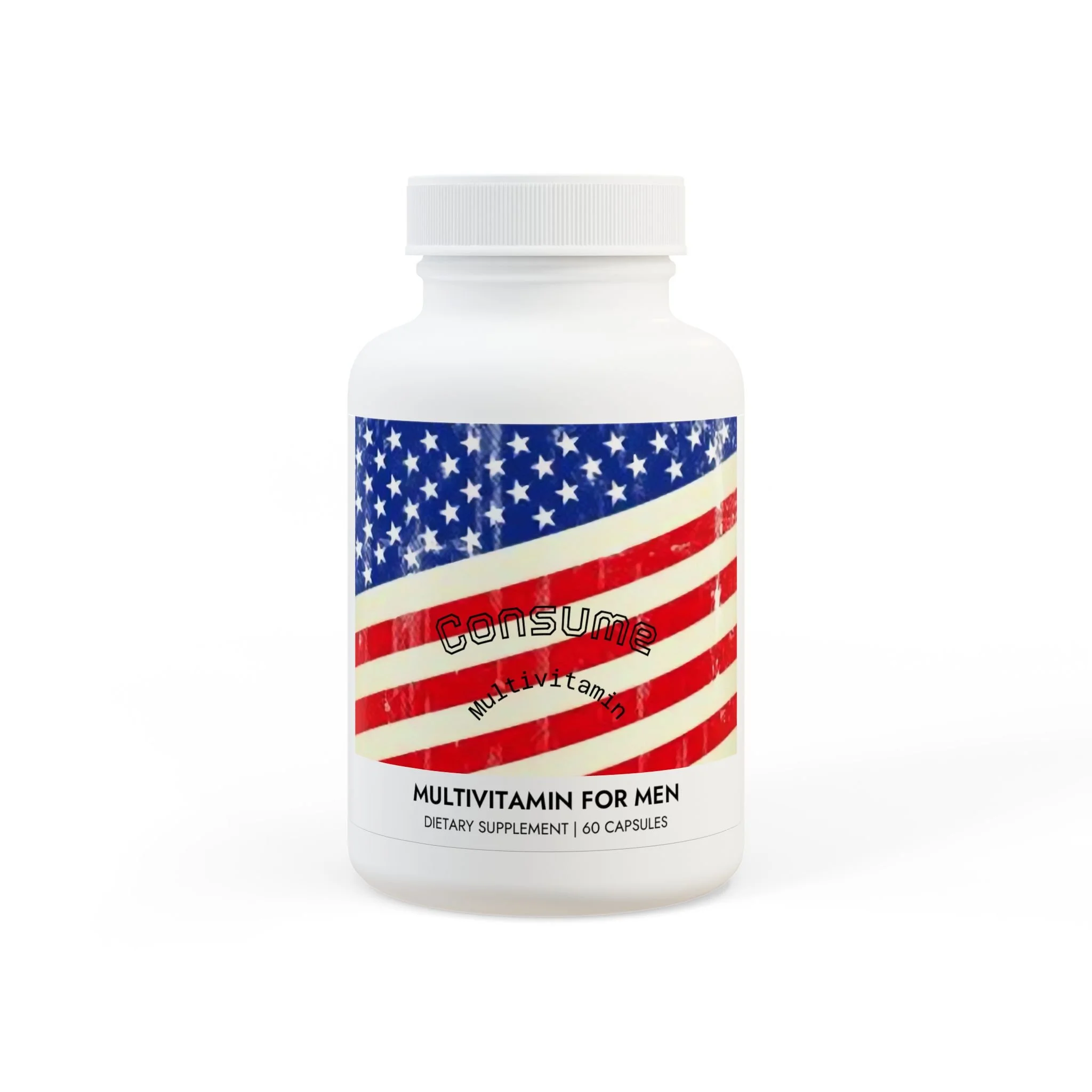Bottle of multivitamin supplement with American flag design and text 'Consume Multivitamin'.