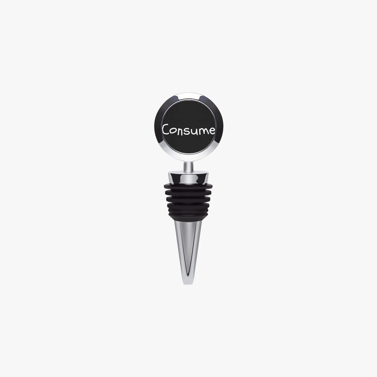 A wine stopper with a circular top displaying the word 'Consume' in white text.