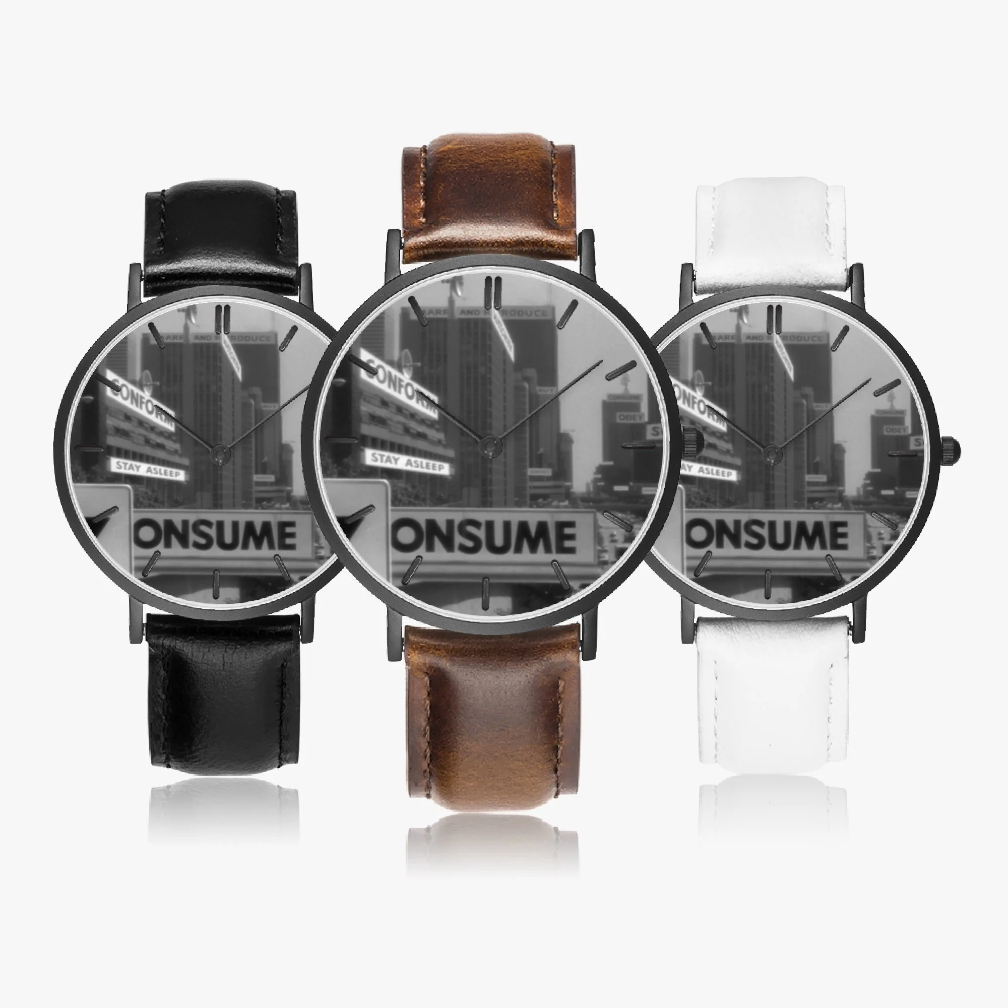 Three wristwatches with black, brown, and white straps, showing a cityscape scene on the dials with the word 'CONSUME' in bold letters at the bottom.