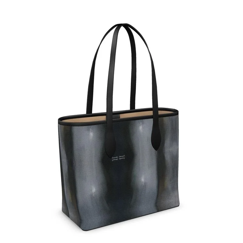 A black leather tote bag with two handles and beige interior lining.