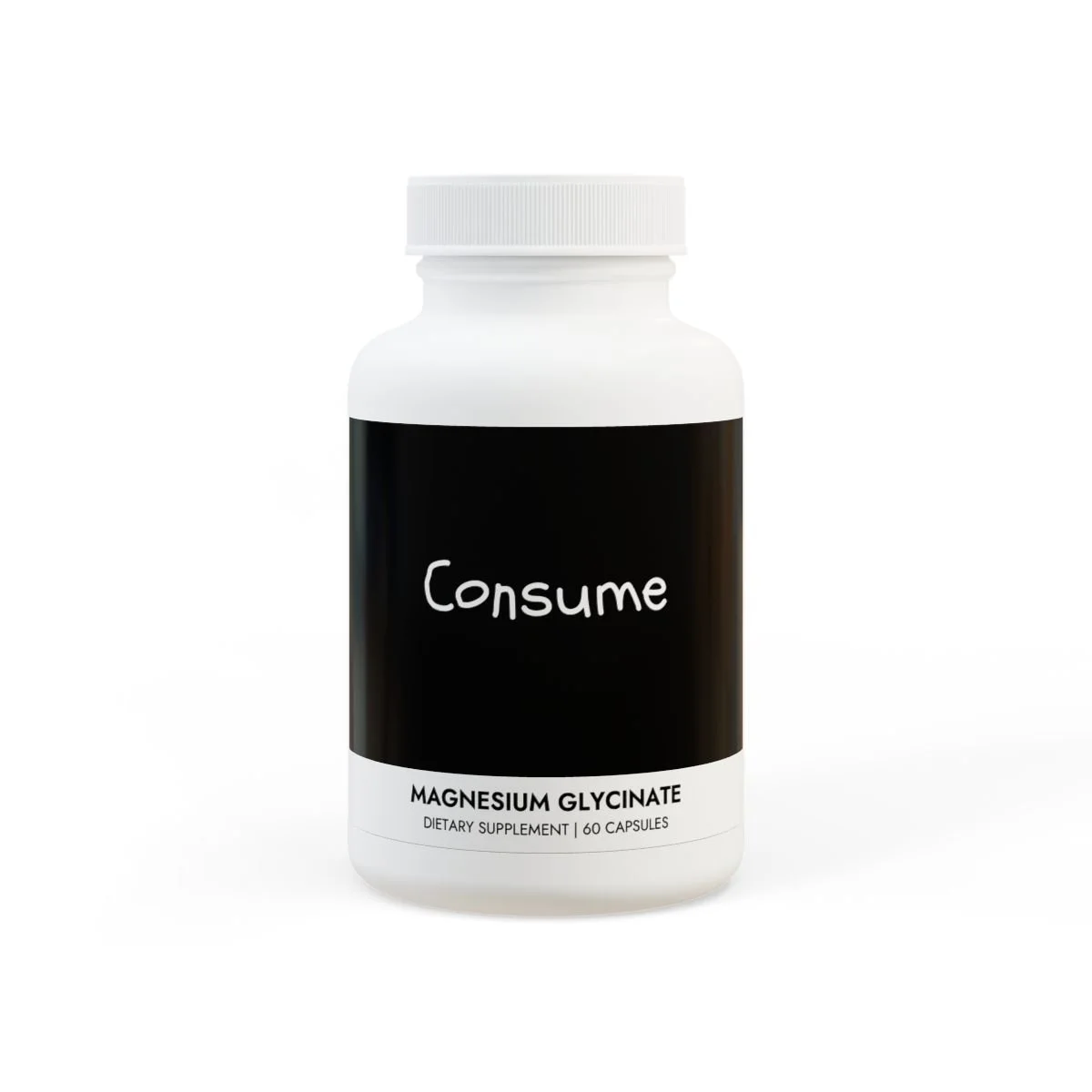 Bottle labeled 'Consume' containing magnesium glycinate dietary supplement with 60 capsules.