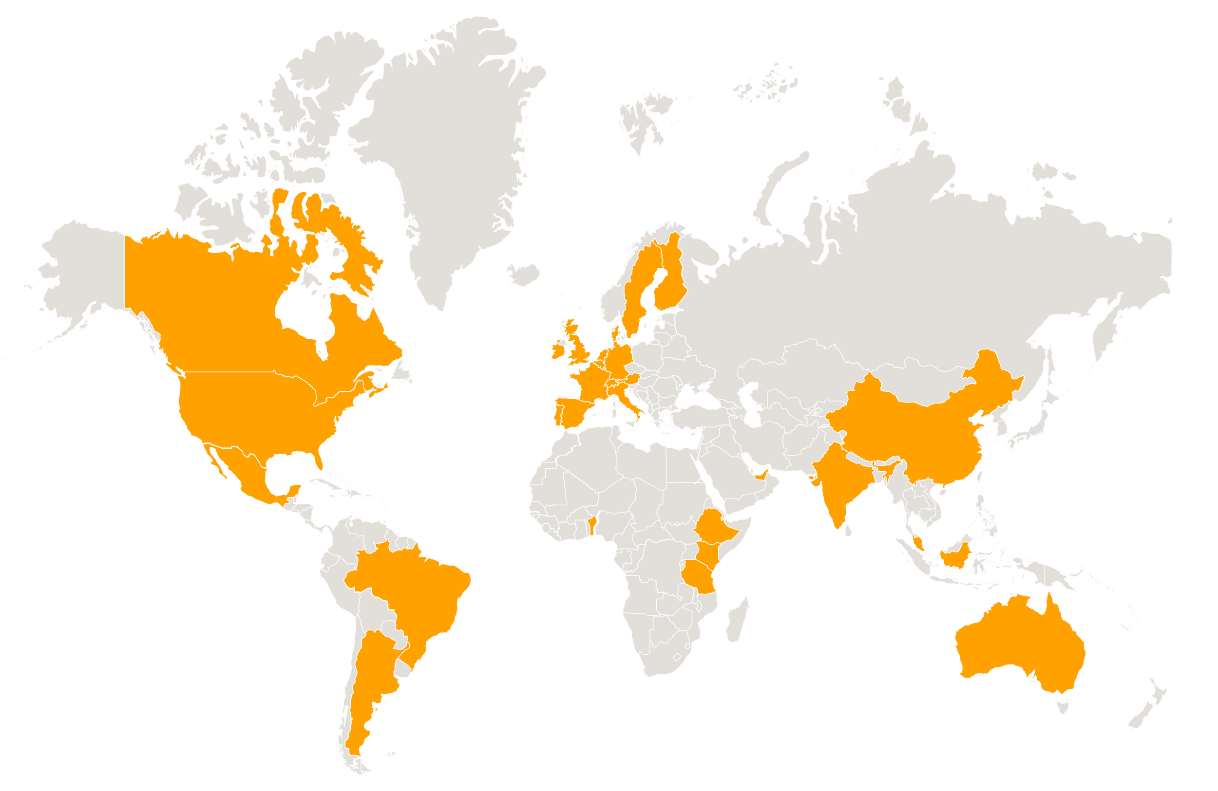 World map showing countries in North America, South America, Africa, and parts of Europe and Asia highlighted in orange.