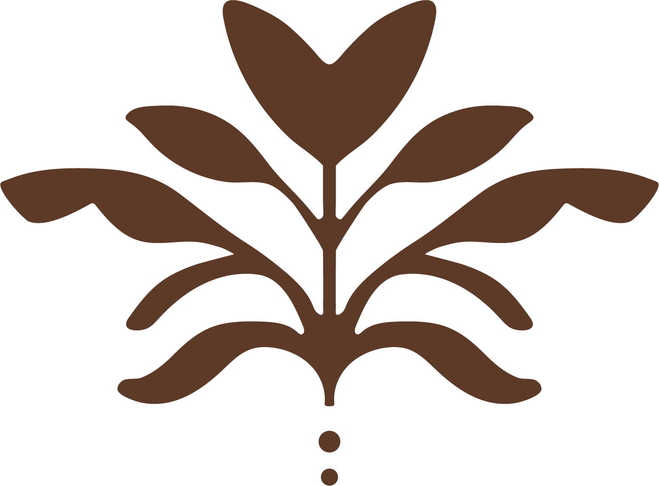 A brown, stylized floral design with leaves and a heart-shaped element at the top.