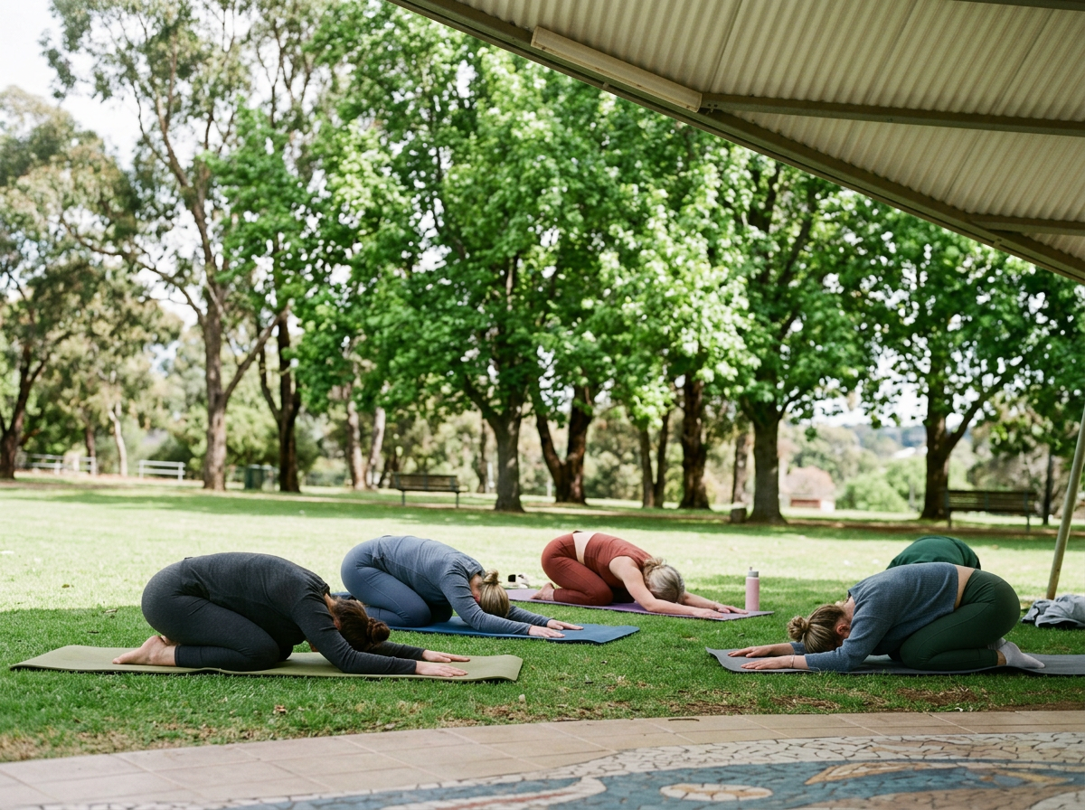 Four women practicing yoga outdoors on mats, in a child's pose, under a canopy with a green park and trees in the background.