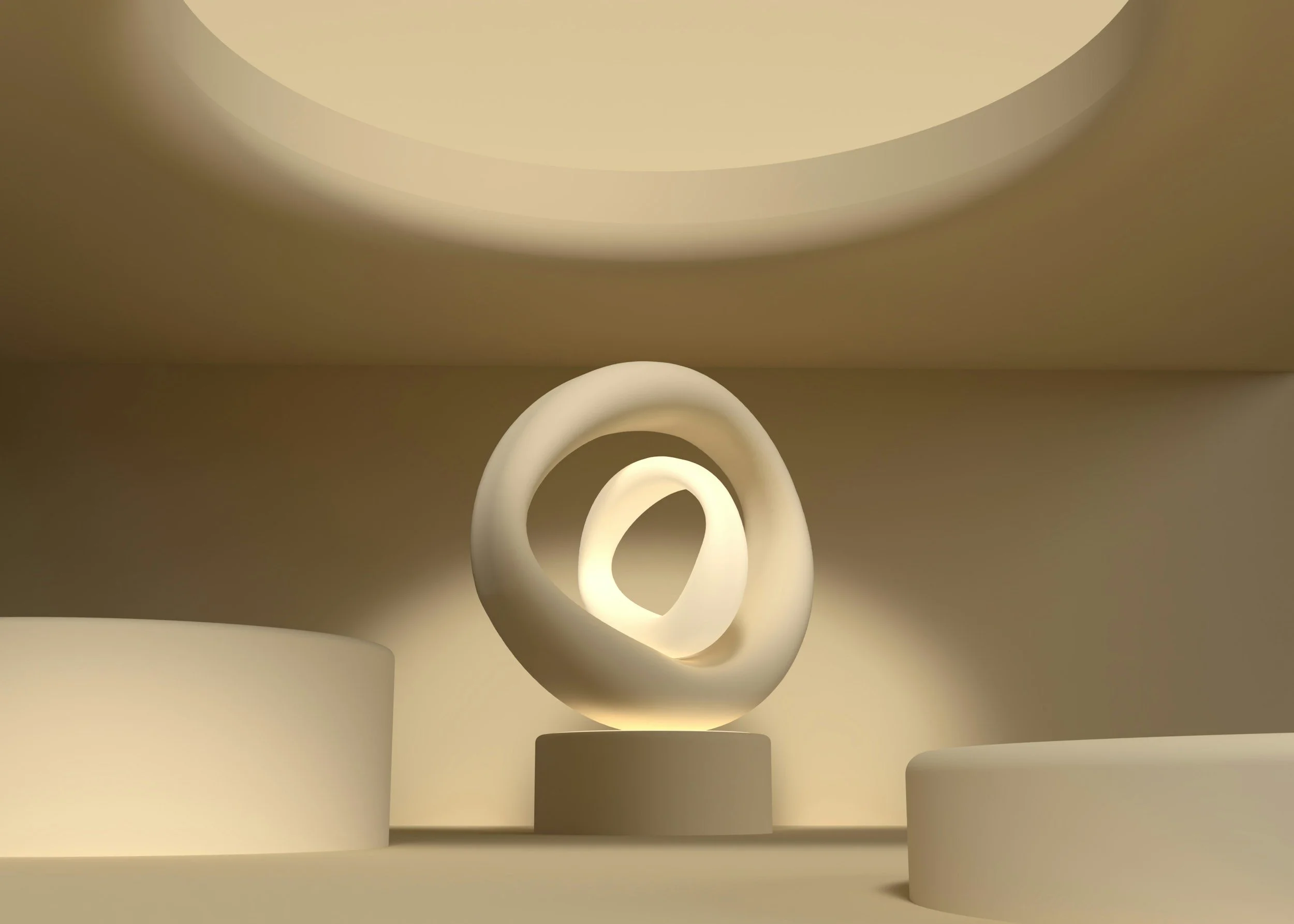 A white abstract sculpture featuring a sphere with a spiral cutout, set in a minimalist room with beige walls and ceiling.