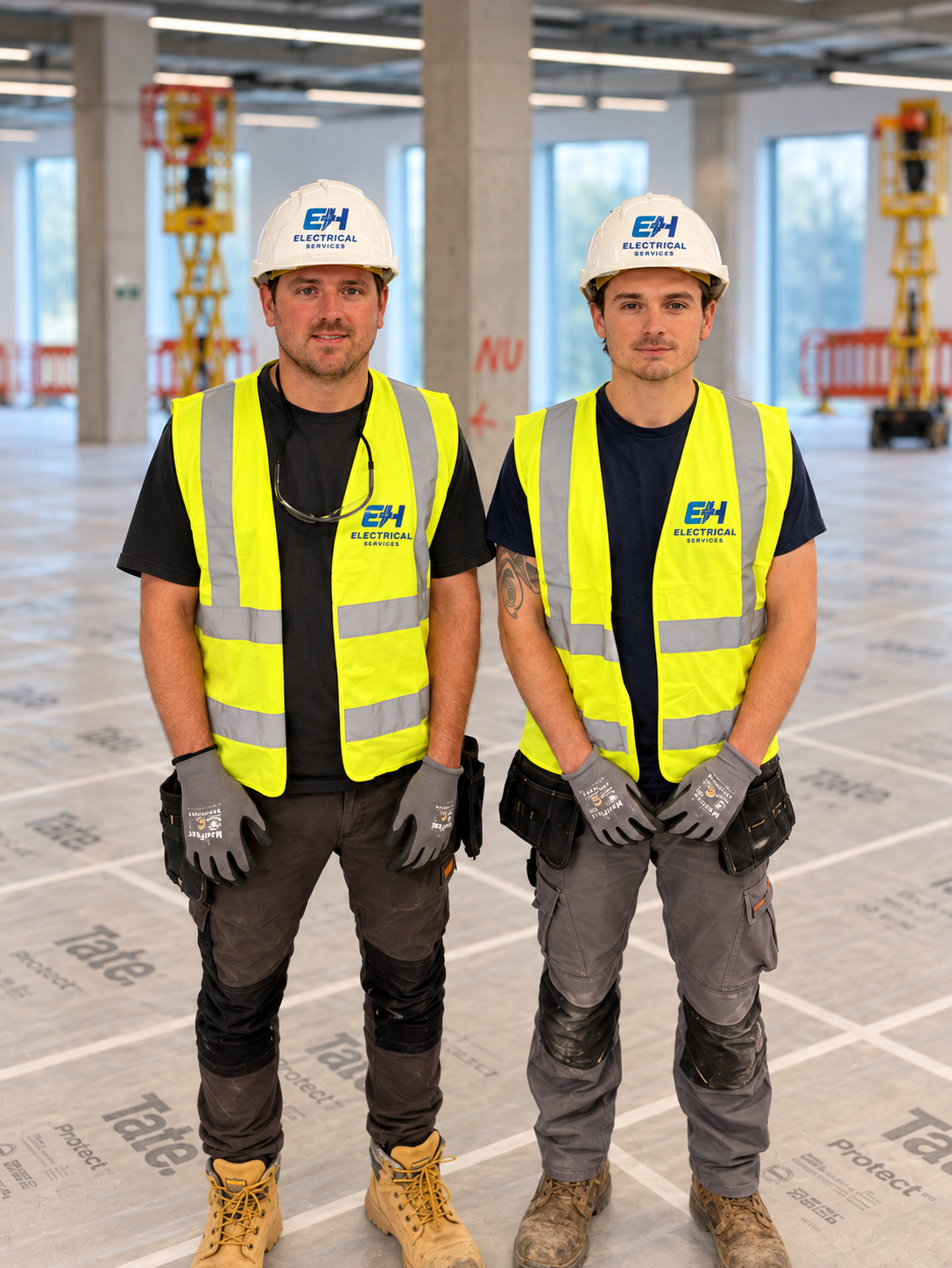 Two construction workers wearing yellow safety vests and white hard hats with the logo 'EH Electrical Services' stand inside a building under construction. They are standing on a concrete floor with insulation panels and construction equipment visible in the background.