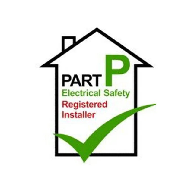 Logo with a house outline, a large green checkmark, and text indicating electrical safety certification for a registered installer.