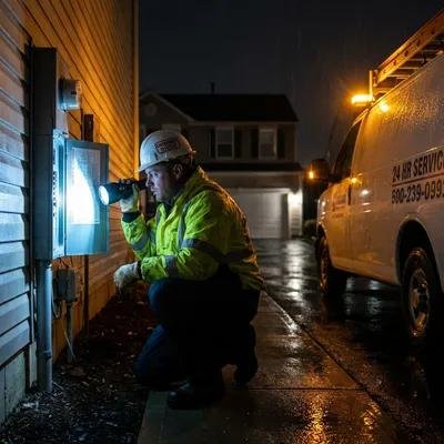 A utility worker wearing a yellow safety vest and helmet inspecting an electrical box at night in a residential area