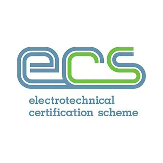 Logo of Electrotechnical Certification Scheme (ECS) with green and blue stylized text and the words 'electrotechnical certification scheme' below.